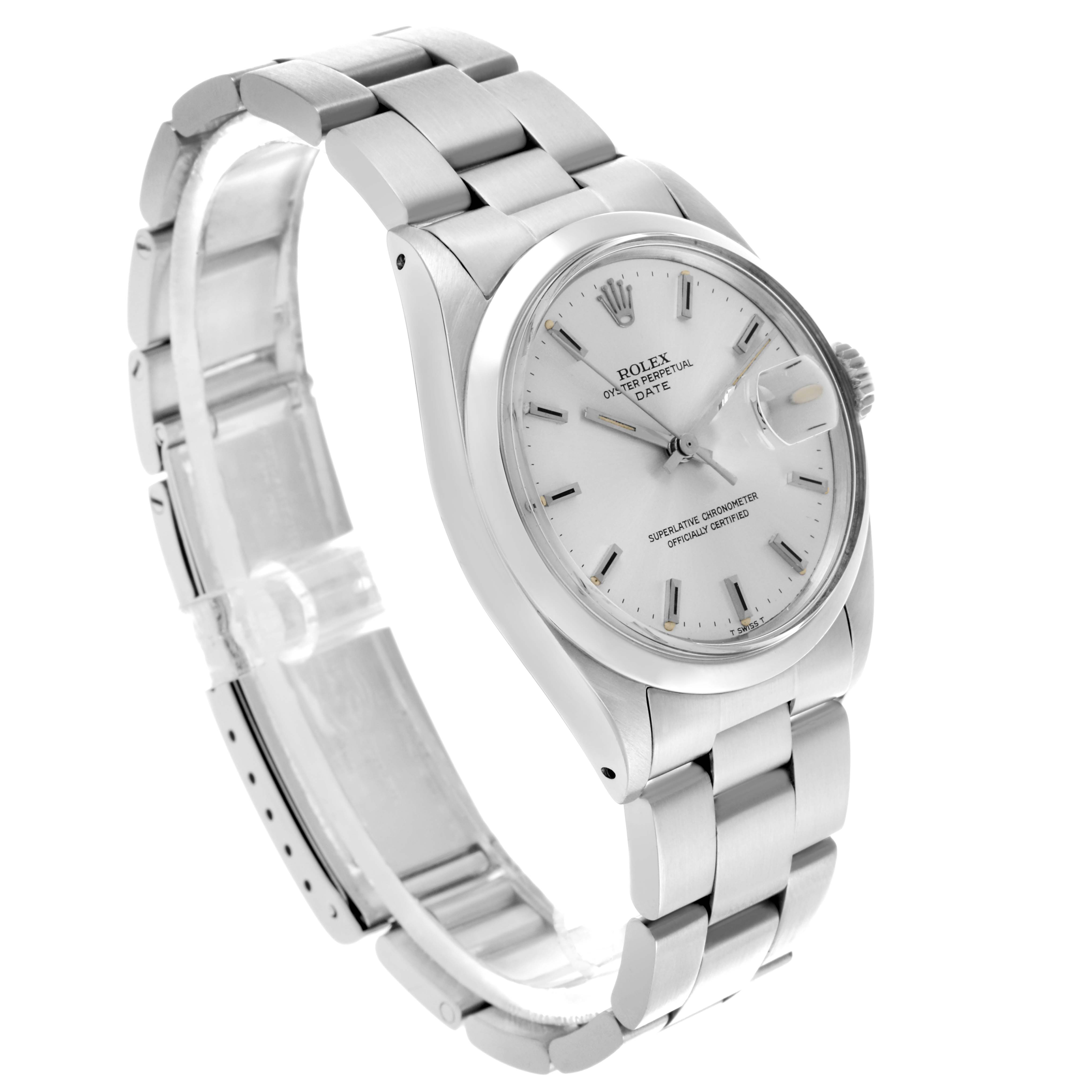 The Rolex Date 1500 Men's Stainless Steel Silver Dial 1500 Men's Stainless Steel Silver Dial model watch is shown at a three-quarter angle, displaying the face, bezel, bracelet, and crown.