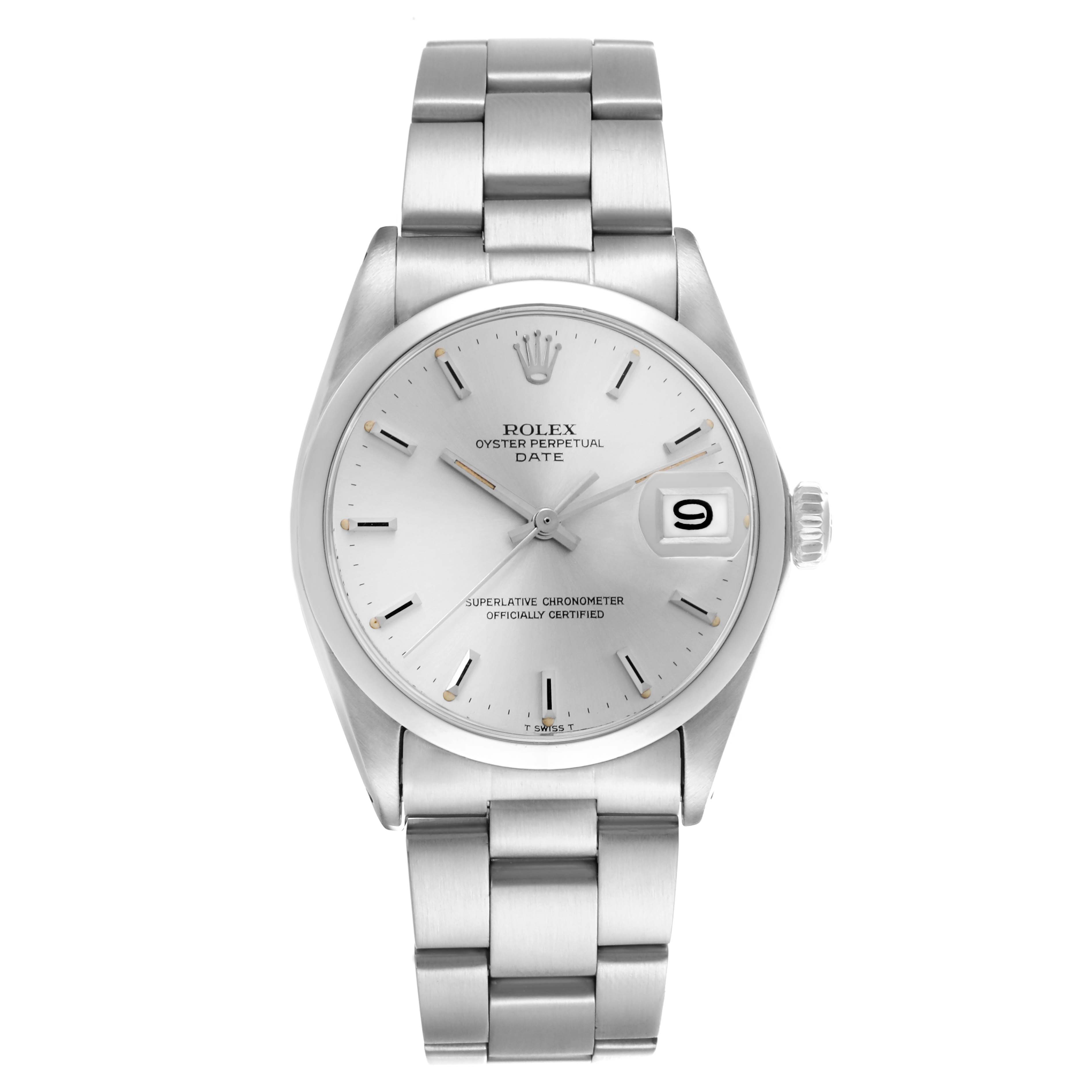 The Rolex Date 1500 Men's Stainless Steel Silver Dial 1500 Men's Stainless Steel Silver Dial watch is shown from the front, displaying the dial, date window, and bracelet.
