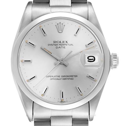 The Rolex Date model is shown from a front angle, highlighting the dial, hands, markers, and date window.