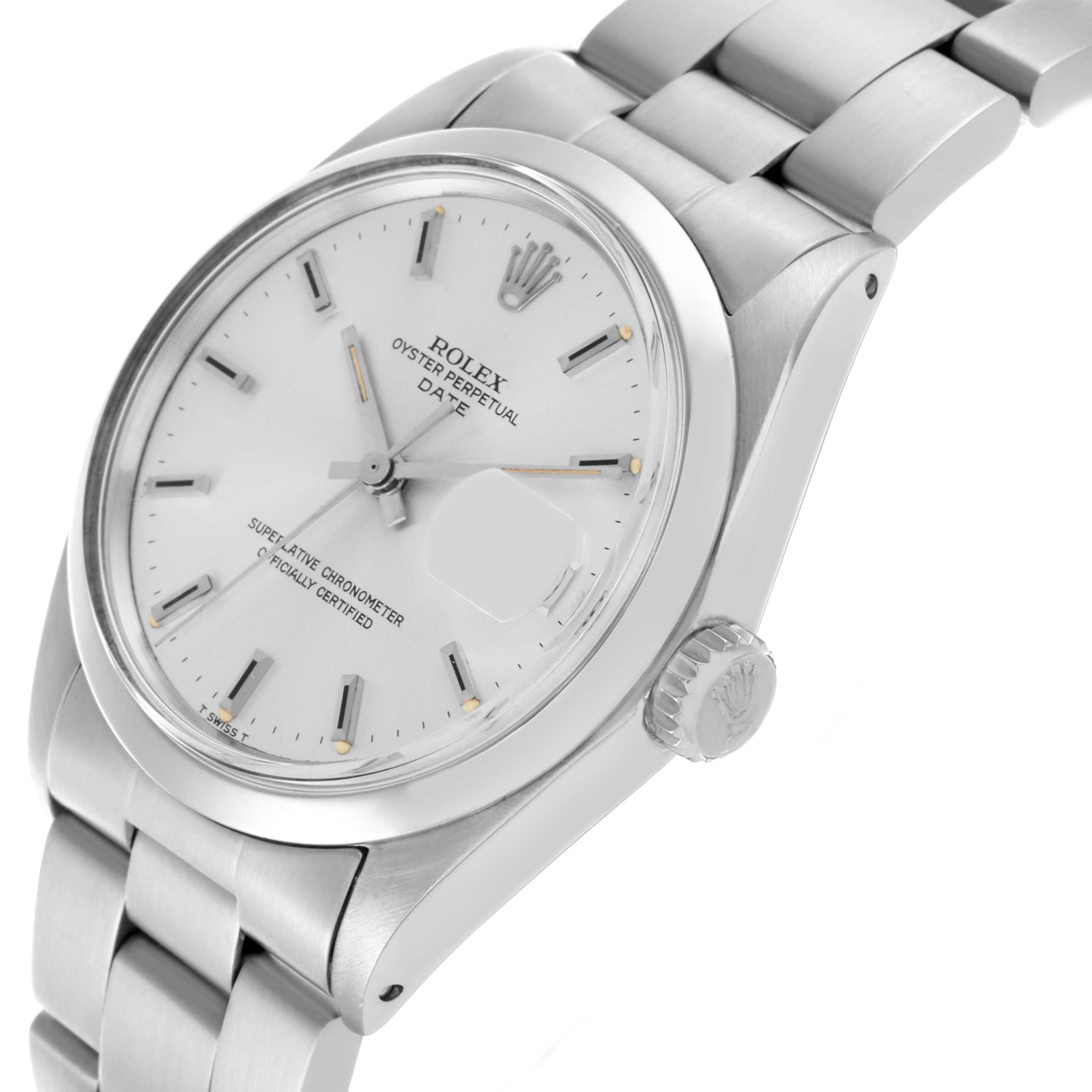 The Rolex Date 1500 Men's Stainless Steel Silver Dial 1500 Men's Stainless Steel Silver Dial watch is shown at an angle highlighting the face, crown, and bracelet.