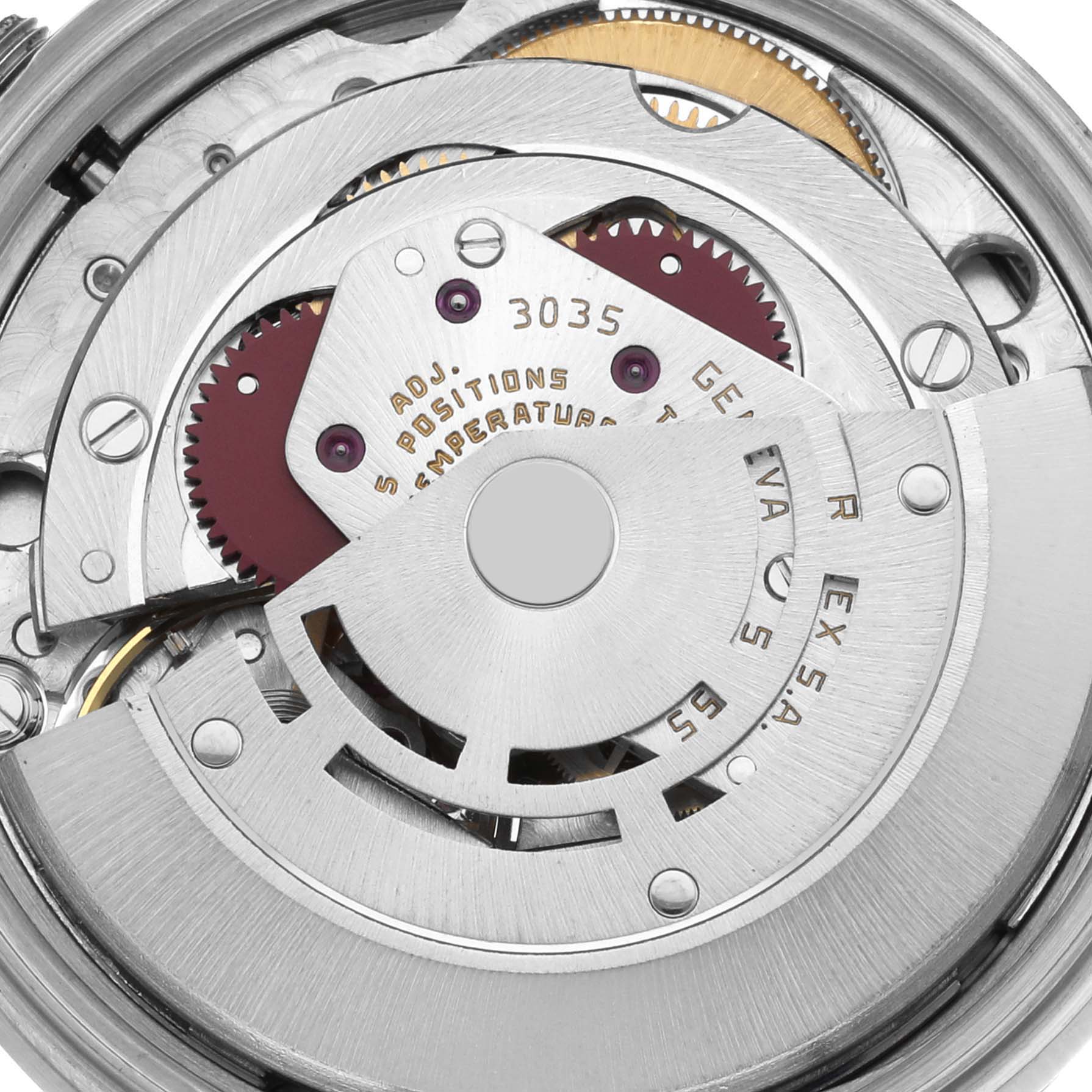 This image shows a close-up of the Rolex Date 15010 Men's Stainless Steel Silver Dial 15010 Men's Stainless Steel Silver Dial model's movement, highlighting gears and mechanical details.