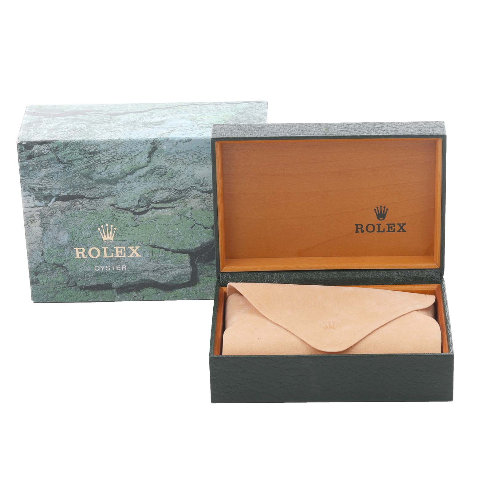 The image shows a Rolex Date 15010 Men's Stainless Steel Silver Dial 15010 Men's Stainless Steel Silver Dial watch box and leather pouch, both viewed from the front at eye level.