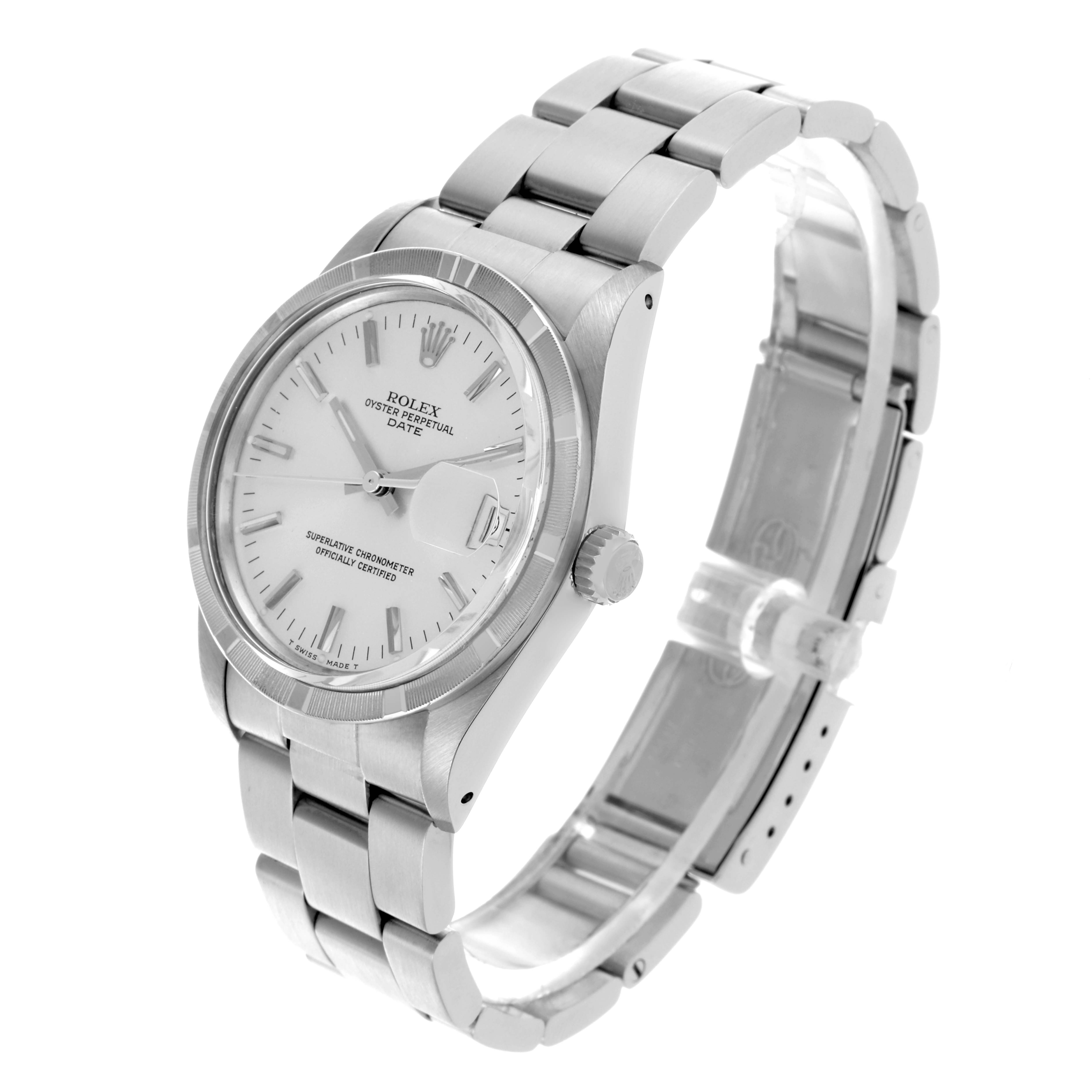 The Rolex Date 15010 Men's Stainless Steel Silver Dial 15010 Men's Stainless Steel Silver Dial watch is shown at a three-quarter angle, displaying the face, bezel, crown, and bracelet links.