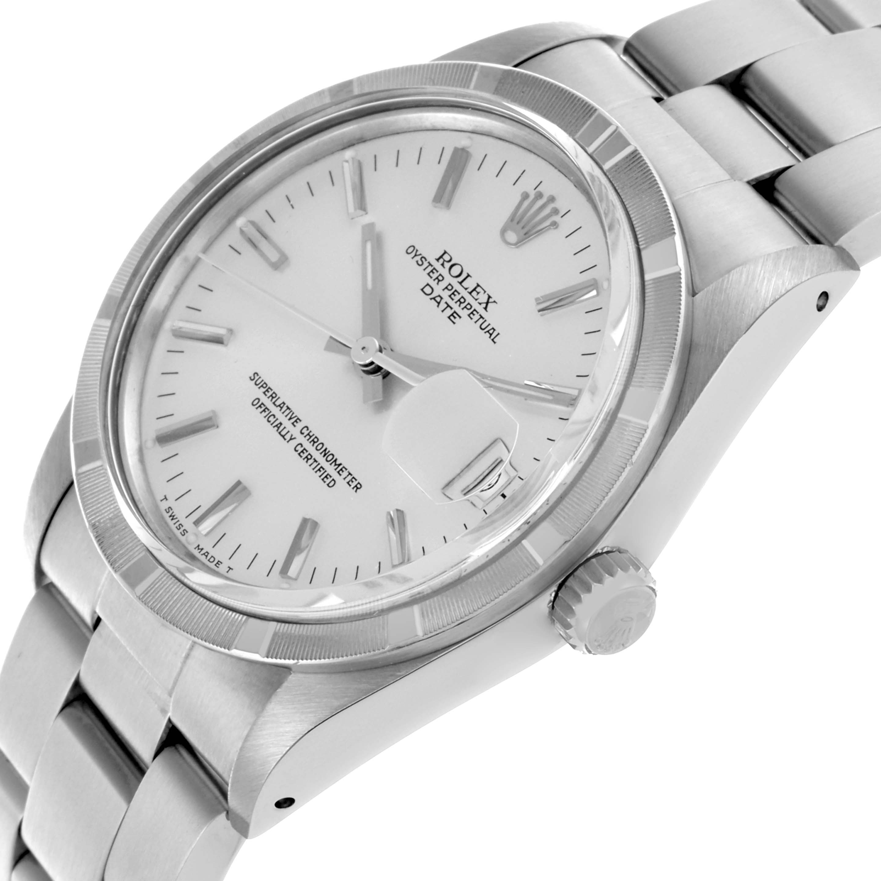 The Rolex Date 15010 Men's Stainless Steel Silver Dial 15010 Men's Stainless Steel Silver Dial watch is shown at an angled view displaying the face, bezel, crown, and part of the bracelet.