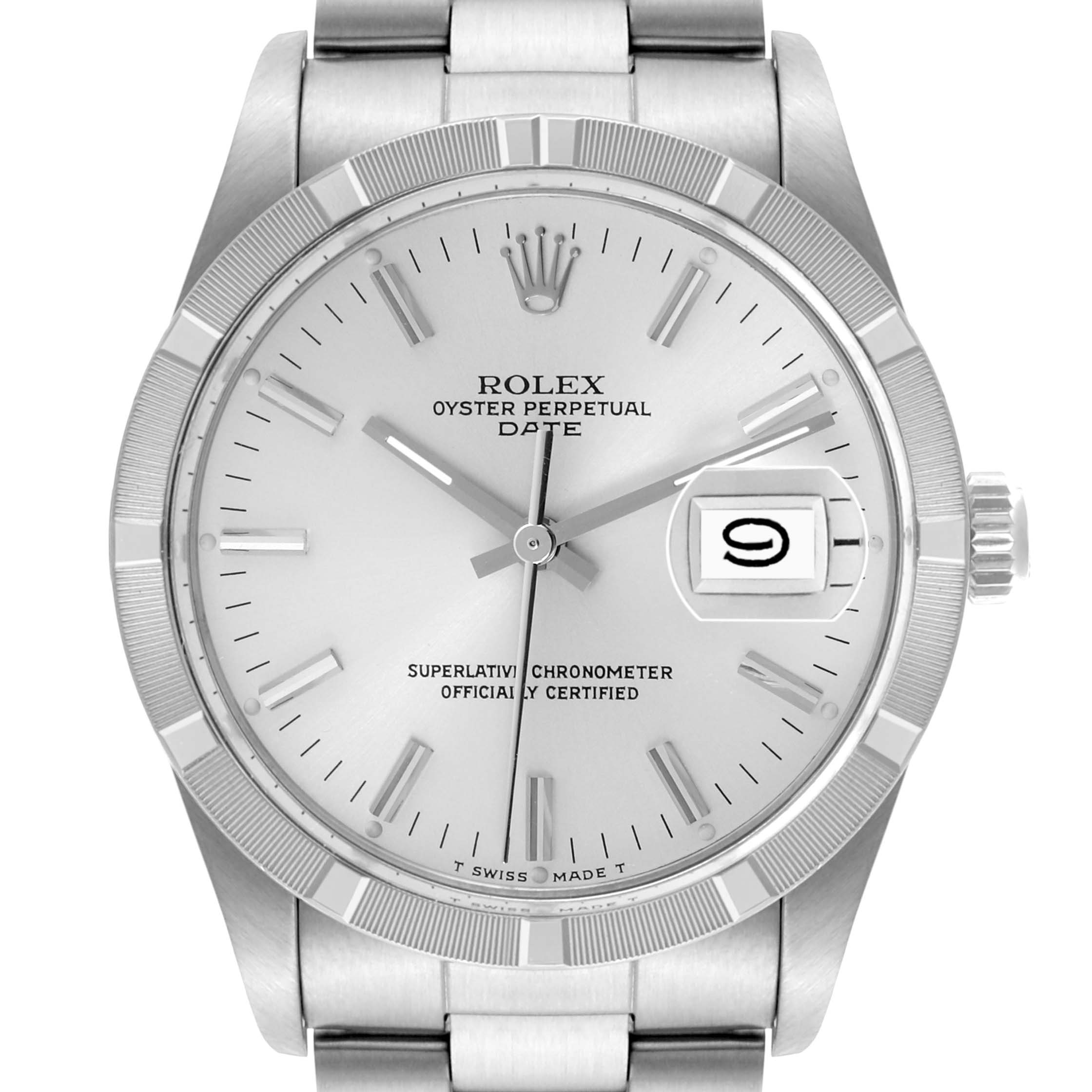 The Rolex Date 15010 Men's Stainless Steel Silver Dial 15010 Men's Stainless Steel Silver Dial watch is shown from a front angle, displaying the dial, hands, bezel, and part of the bracelet.