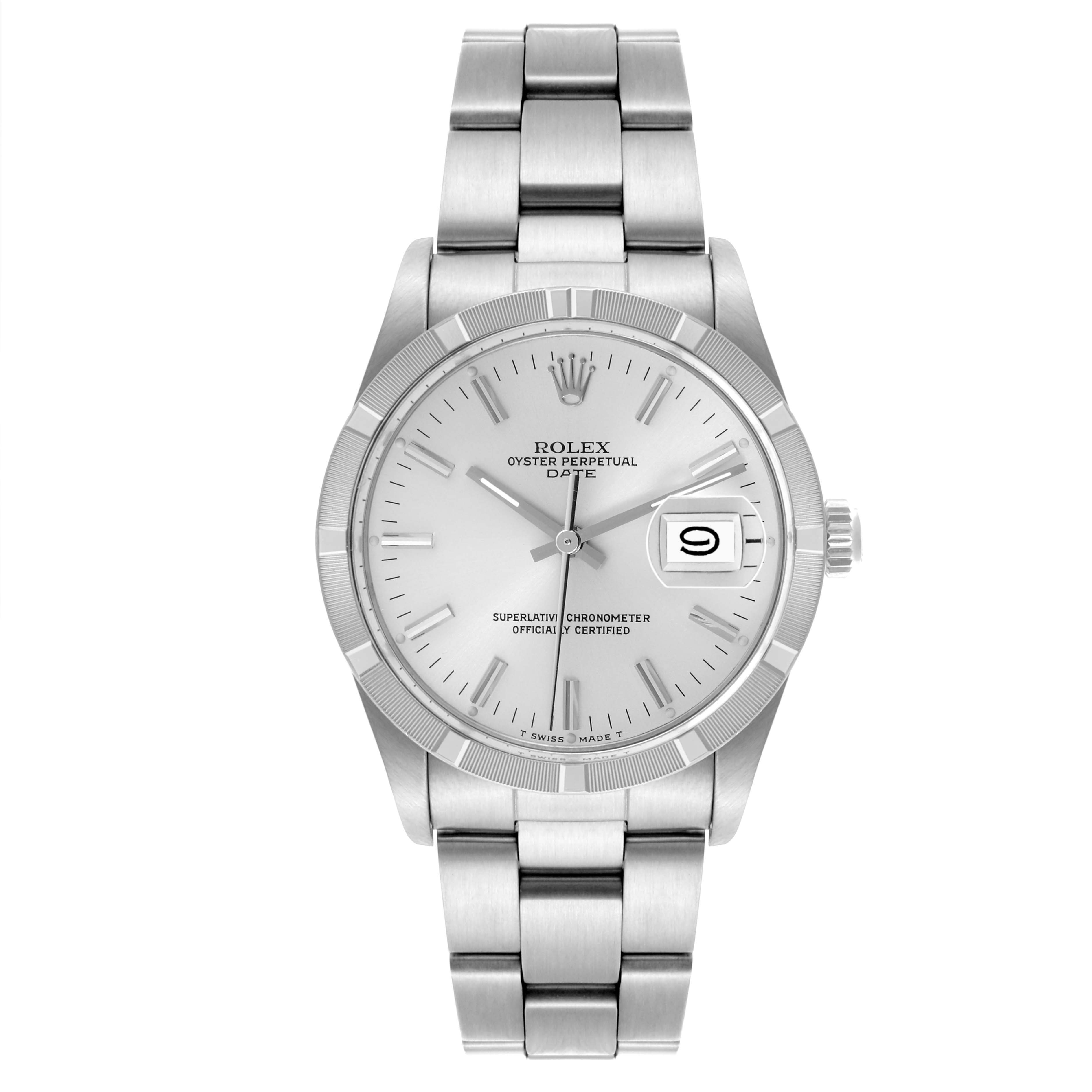 The Rolex Date 15010 Men's Stainless Steel Silver Dial 15010 Men's Stainless Steel Silver Dial watch is shown from a front angle, highlighting the dial, bezel, bracelet, and date window.