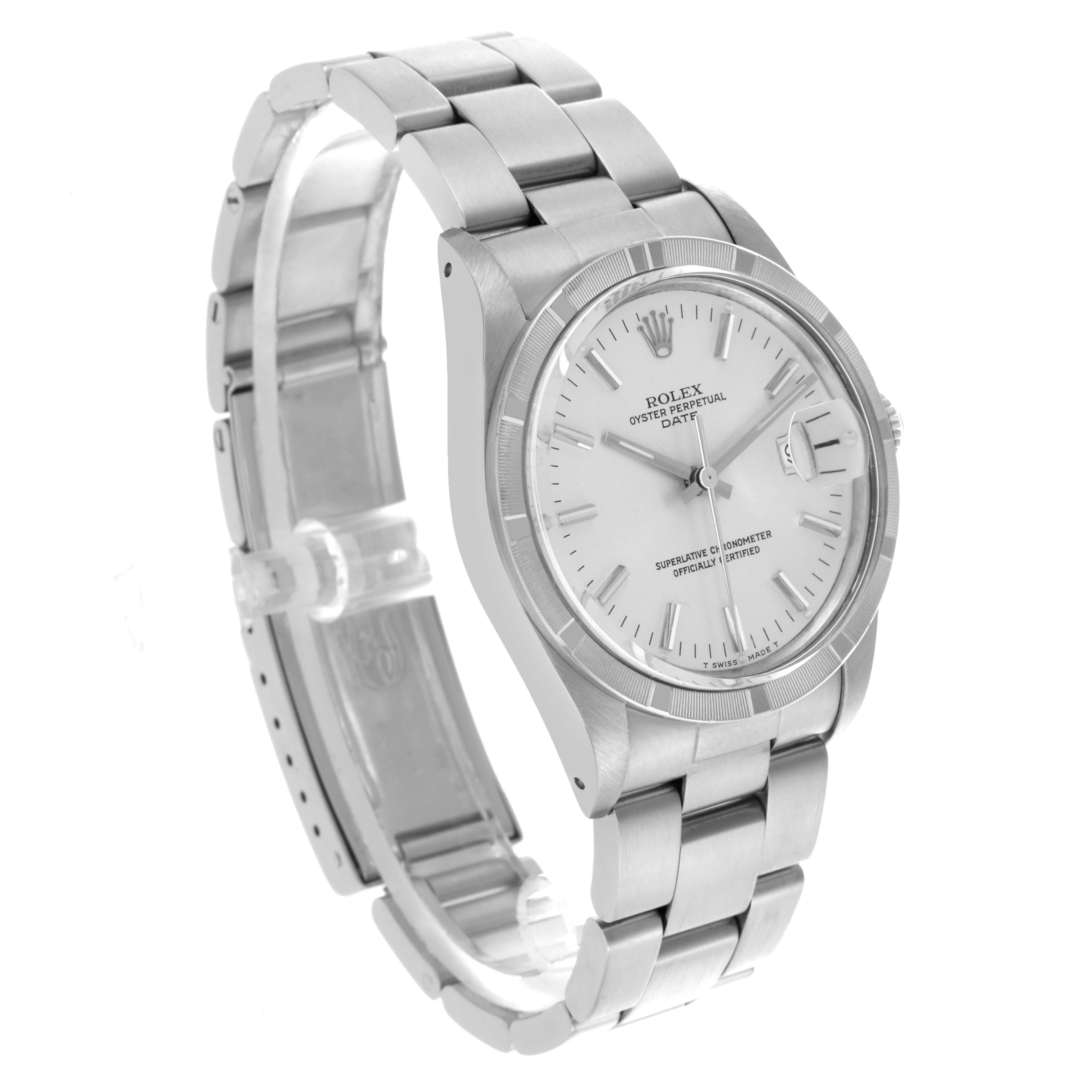 The Rolex Date 15010 Men's Stainless Steel Silver Dial 15010 Men's Stainless Steel Silver Dial watch is shown at a slight angle, highlighting the dial, case, bracelet, and clasp.