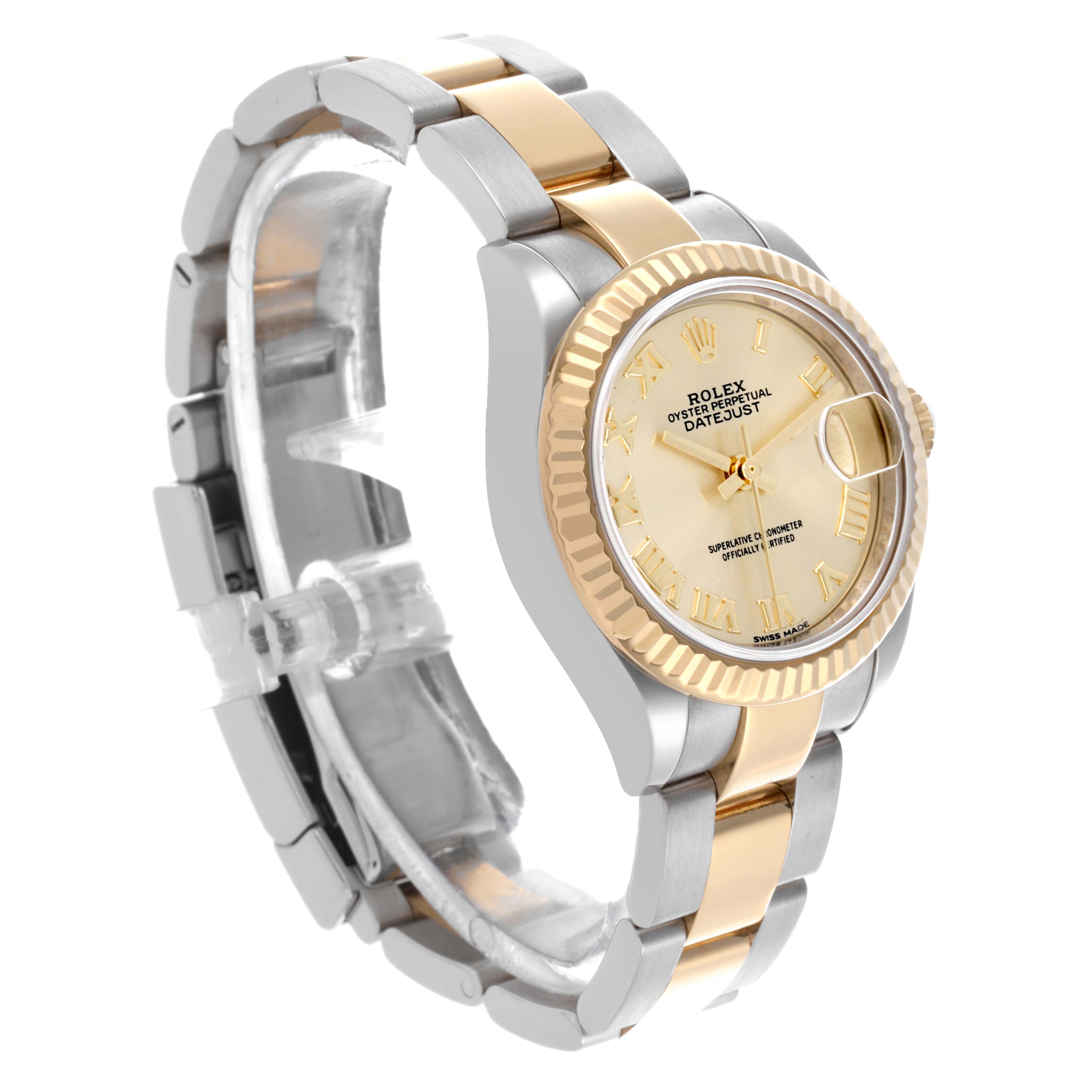 The Rolex Datejust 279173 Women's Steel and Gold (two tone) Champagne Dial 279173 Women's Steel and Gold (two tone) Champagne Dial is shown at a three-quarter angle, highlighting its gold and silver bracelet, bezel, and dial with Roman numerals.