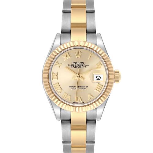 The image shows a Rolex Datejust watch from a front angle, highlighting its two-tone strap, fluted bezel, and date display.