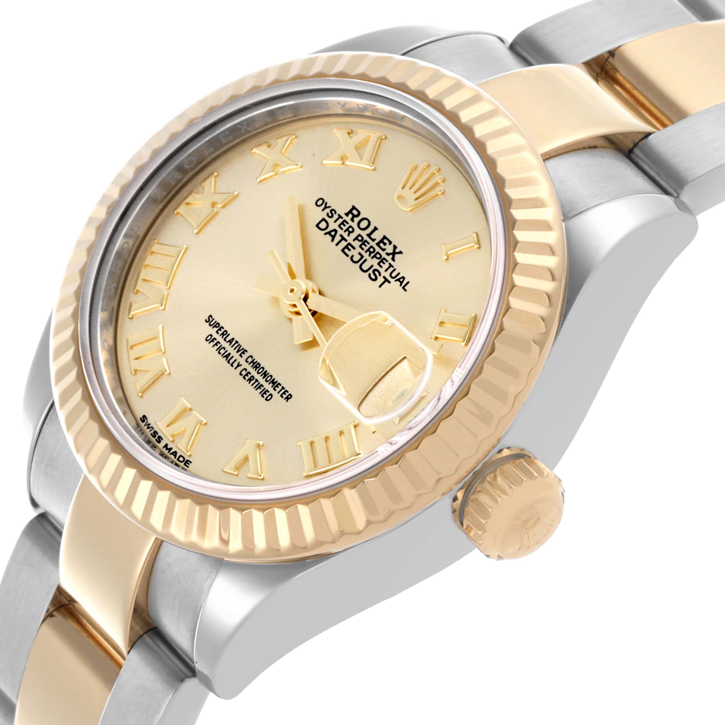 The Rolex Datejust 279173 Women's Steel and Gold (two tone) Champagne Dial 279173 Women's Steel and Gold (two tone) Champagne Dial watch is shown at an angled side view, highlighting the dial, bezel, bracelet, and crown.