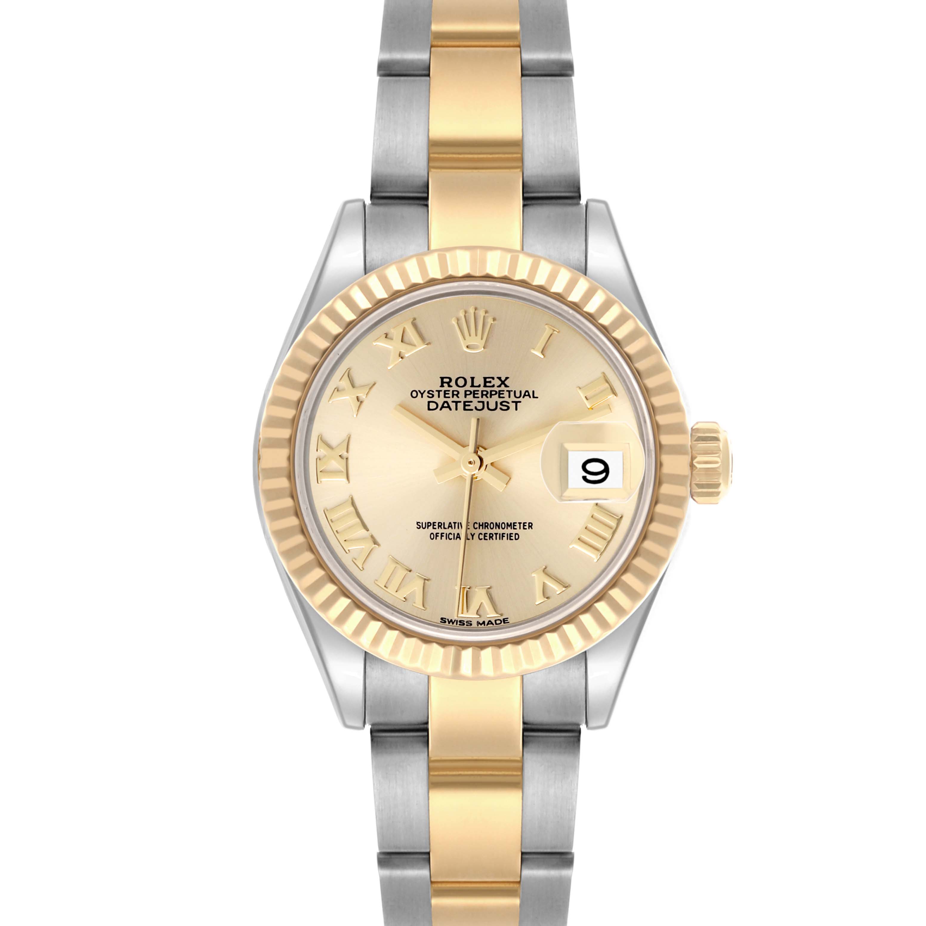 The Rolex Datejust 279173 Women's Steel and Gold (two tone) Champagne Dial 279173 Women's Steel and Gold (two tone) Champagne Dial watch is shown from a front view, highlighting its gold bezel, champagne dial, and two-tone bracelet.