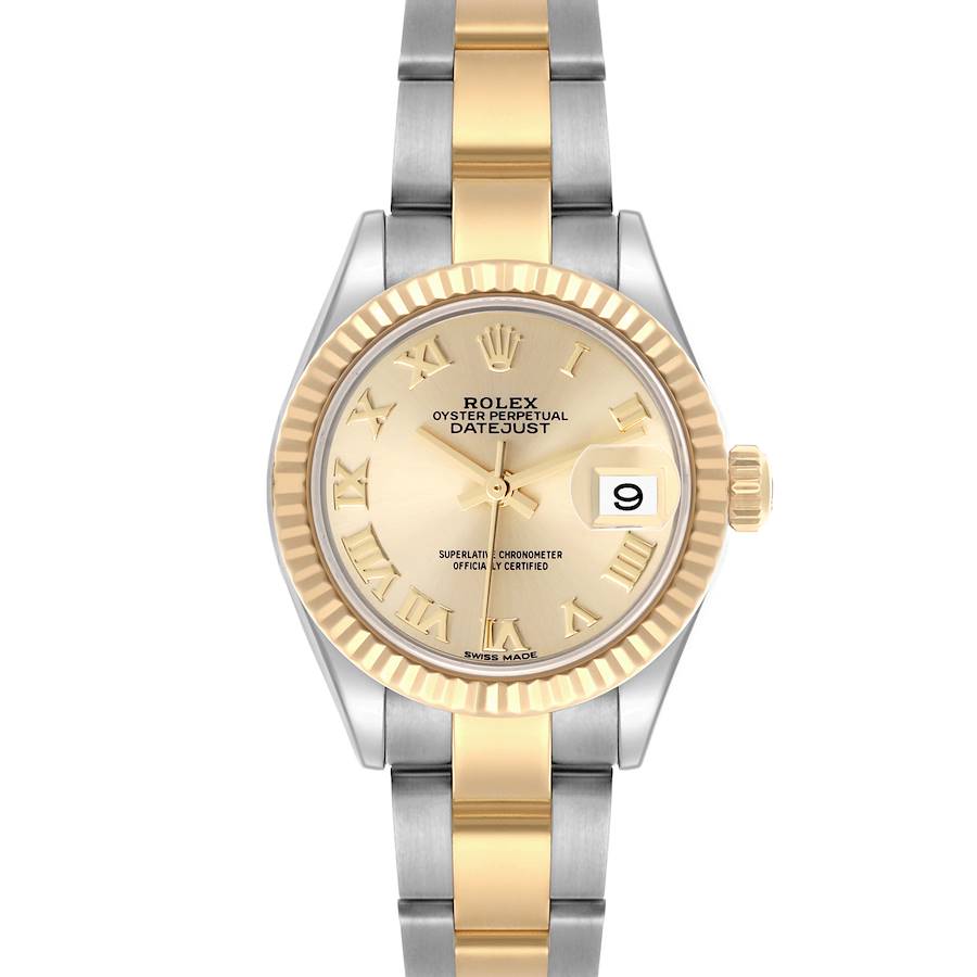 The Rolex Datejust watch is shown from a front view, highlighting its gold bezel, champagne dial, and two-tone bracelet.