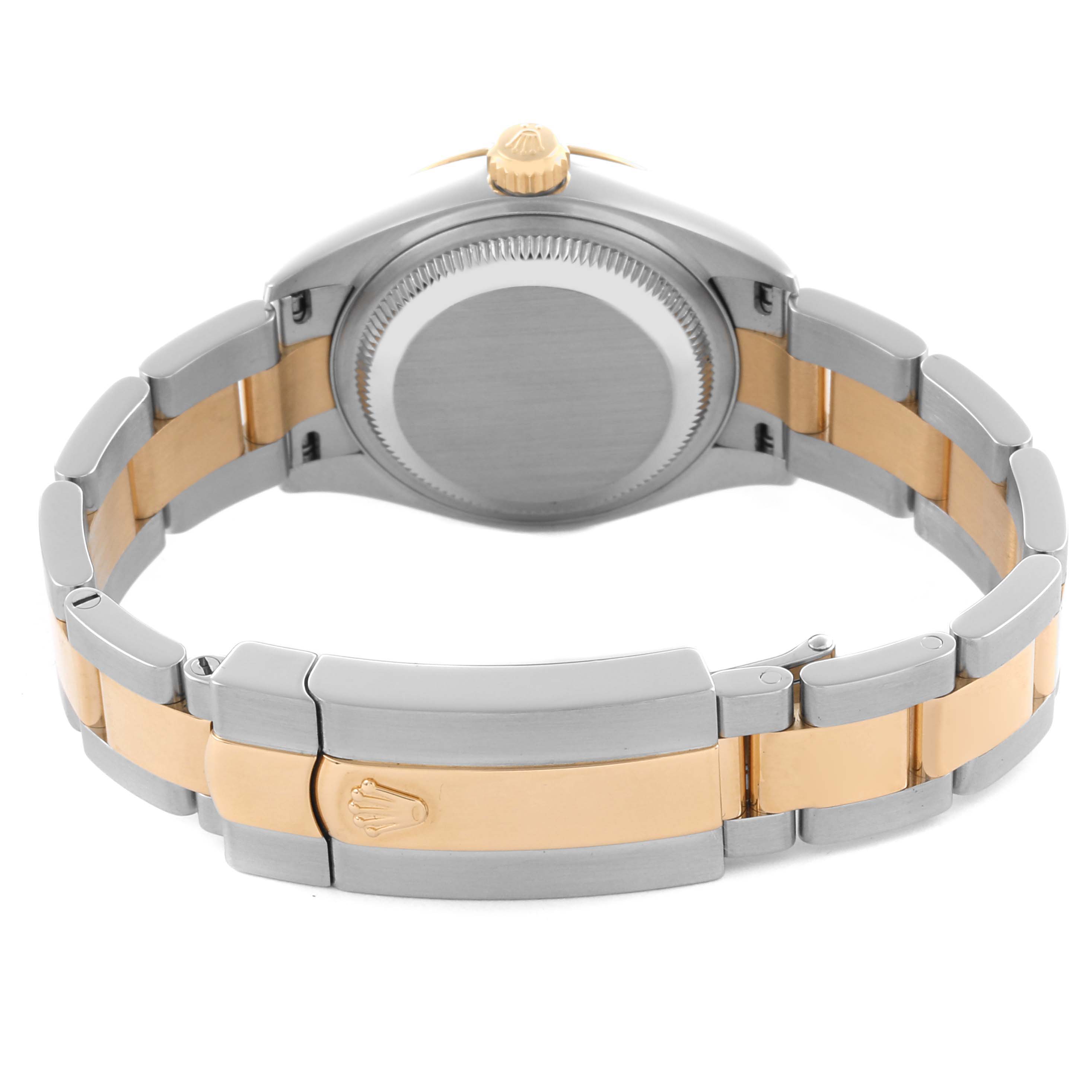 The image shows the back view of a Rolex Datejust 279173 Women's Steel and Gold (two tone) Champagne Dial 279173 Women's Steel and Gold (two tone) Champagne Dial watch, highlighting the clasp, bracelet, and caseback.