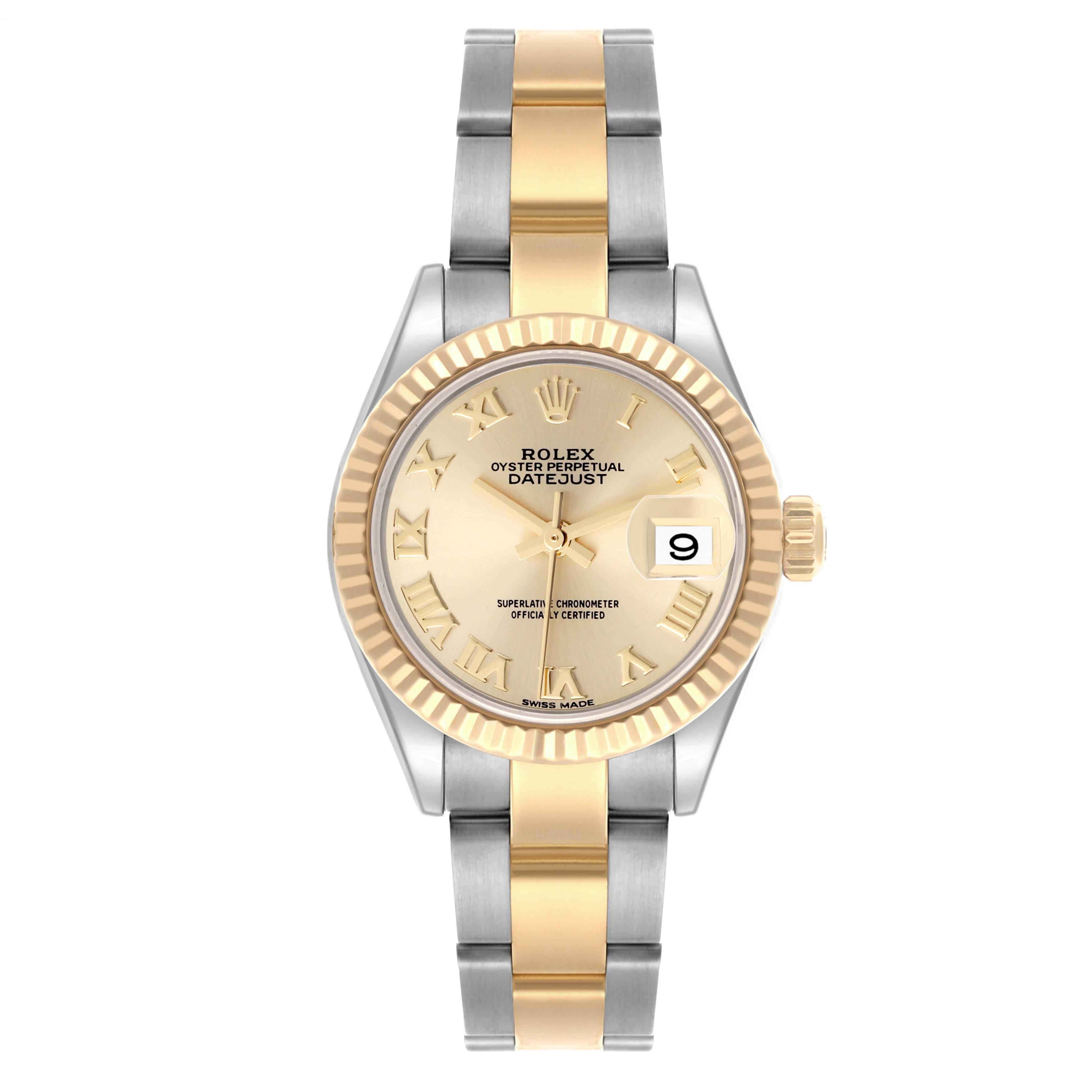 The Rolex Datejust 279173 Women's Steel and Gold (two tone) Champagne Dial 279173 Women's Steel and Gold (two tone) Champagne Dial watch is shown from a top-down angle, displaying its dial, bezel, crown, and bracelet.