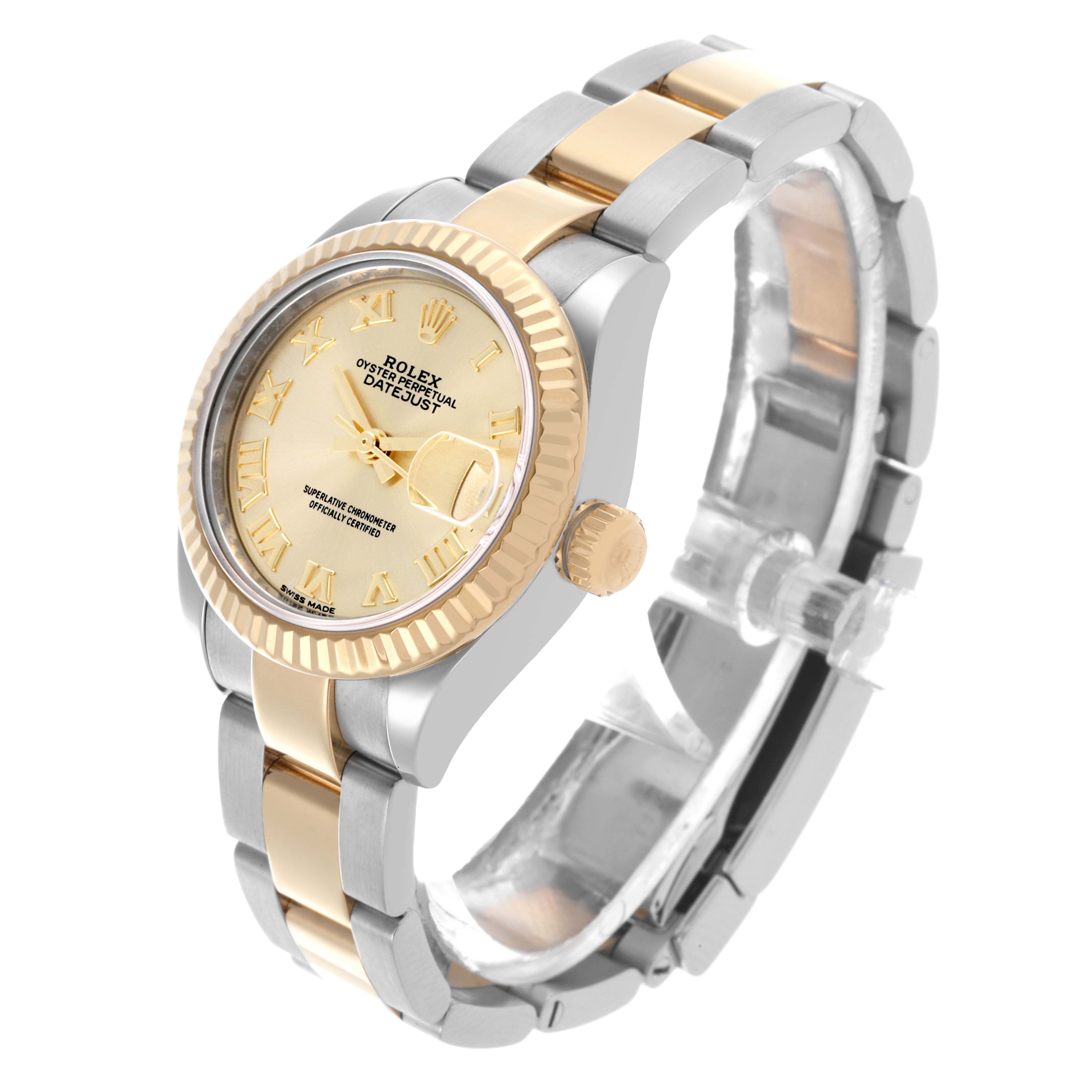 The Rolex Datejust 279173 Women's Steel and Gold (two tone) Champagne Dial 279173 Women's Steel and Gold (two tone) Champagne Dial watch is shown at a three-quarter angle, highlighting the bezel, face, crown, and part of the bracelet.