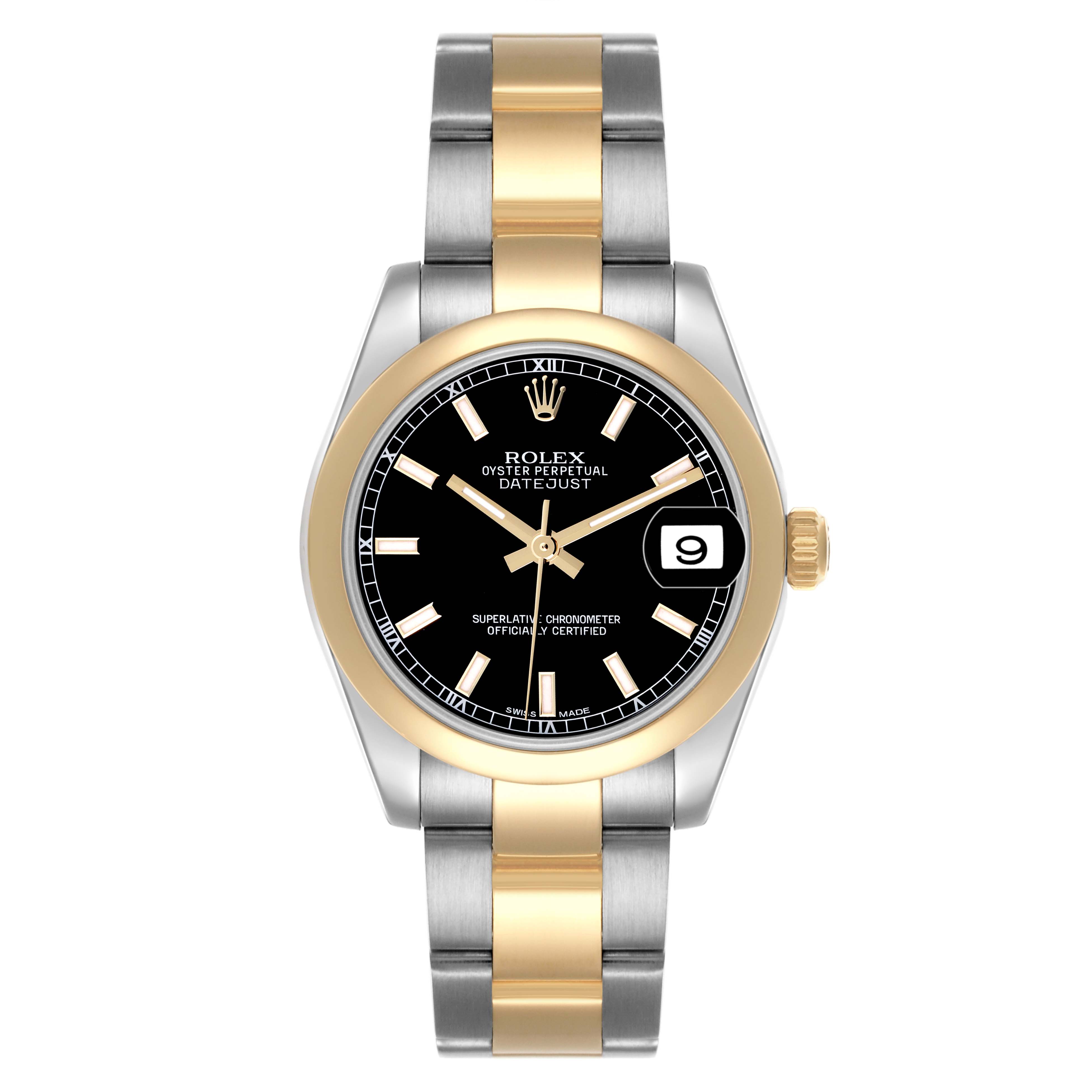 The Rolex Mid-Size 178243 Women's Steel and Gold (two tone) Black Dial 178243 Women's Steel and Gold (two tone) Black Dial watch is shown from a front angle, displaying its black dial, gold bezel, date window, and two-tone bracelet.