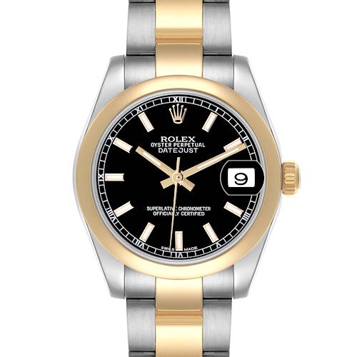 The Rolex Mid-Size watch is shown from the front, displaying its dial, bezel, and part of the bracelet.