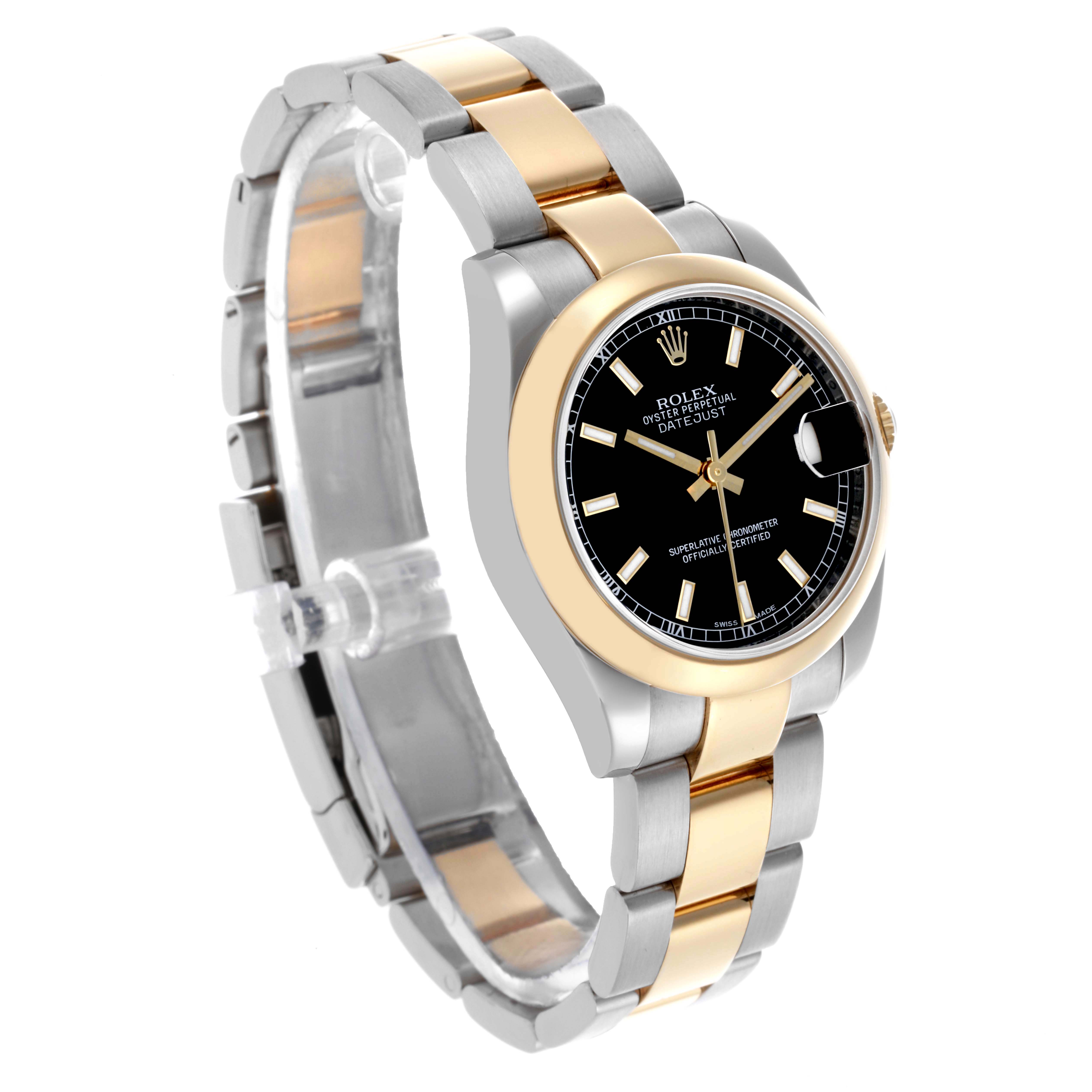 The Rolex Mid-Size 178243 Women's Steel and Gold (two tone) Black Dial 178243 Women's Steel and Gold (two tone) Black Dial model is shown at a three-quarter angle, displaying its gold and silver bracelet, bezel, and black dial.