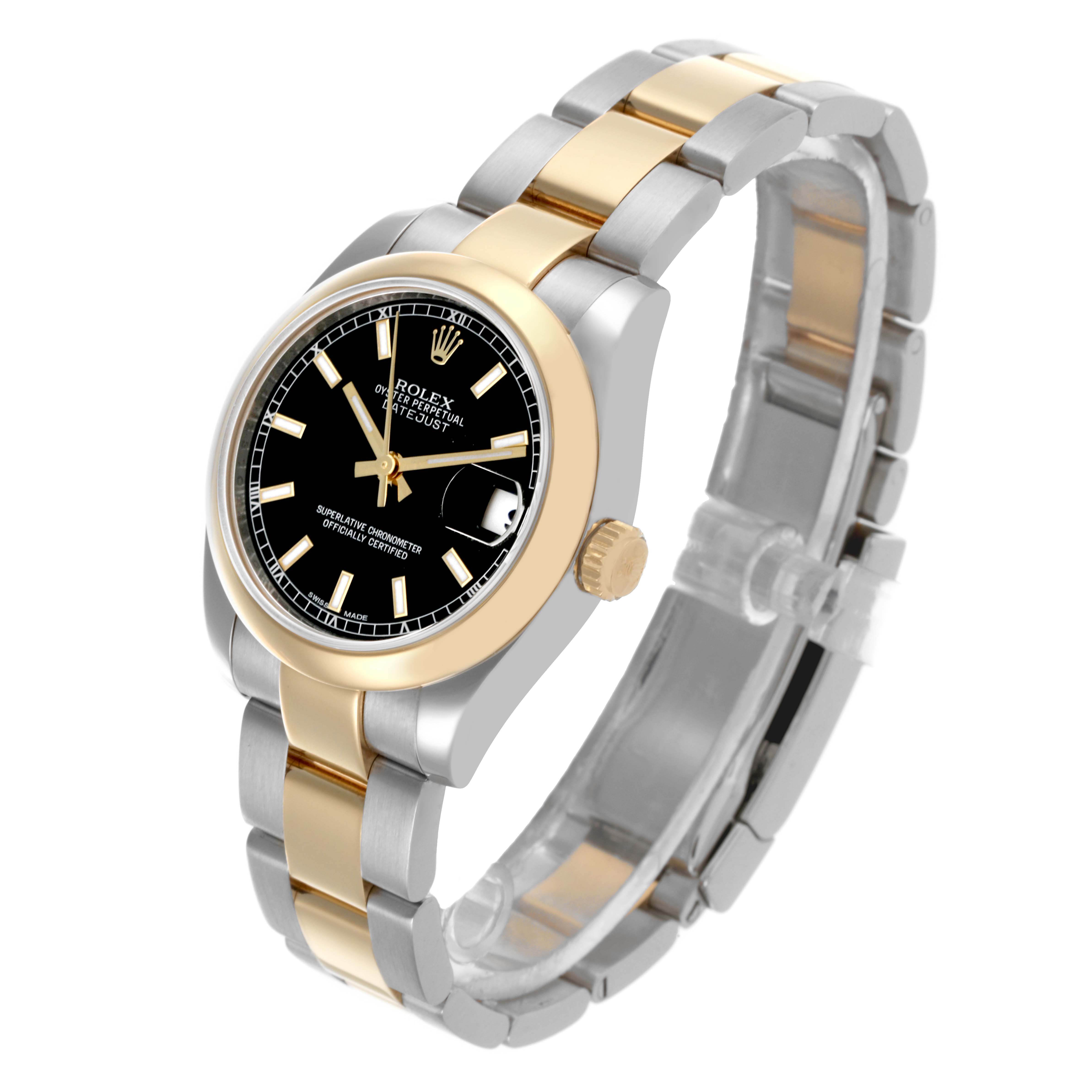 The Rolex Mid-Size 178243 Women's Steel and Gold (two tone) Black Dial 178243 Women's Steel and Gold (two tone) Black Dial watch is shown at a three-quarter angle, highlighting the dial, bezel, crown, and bracelet.