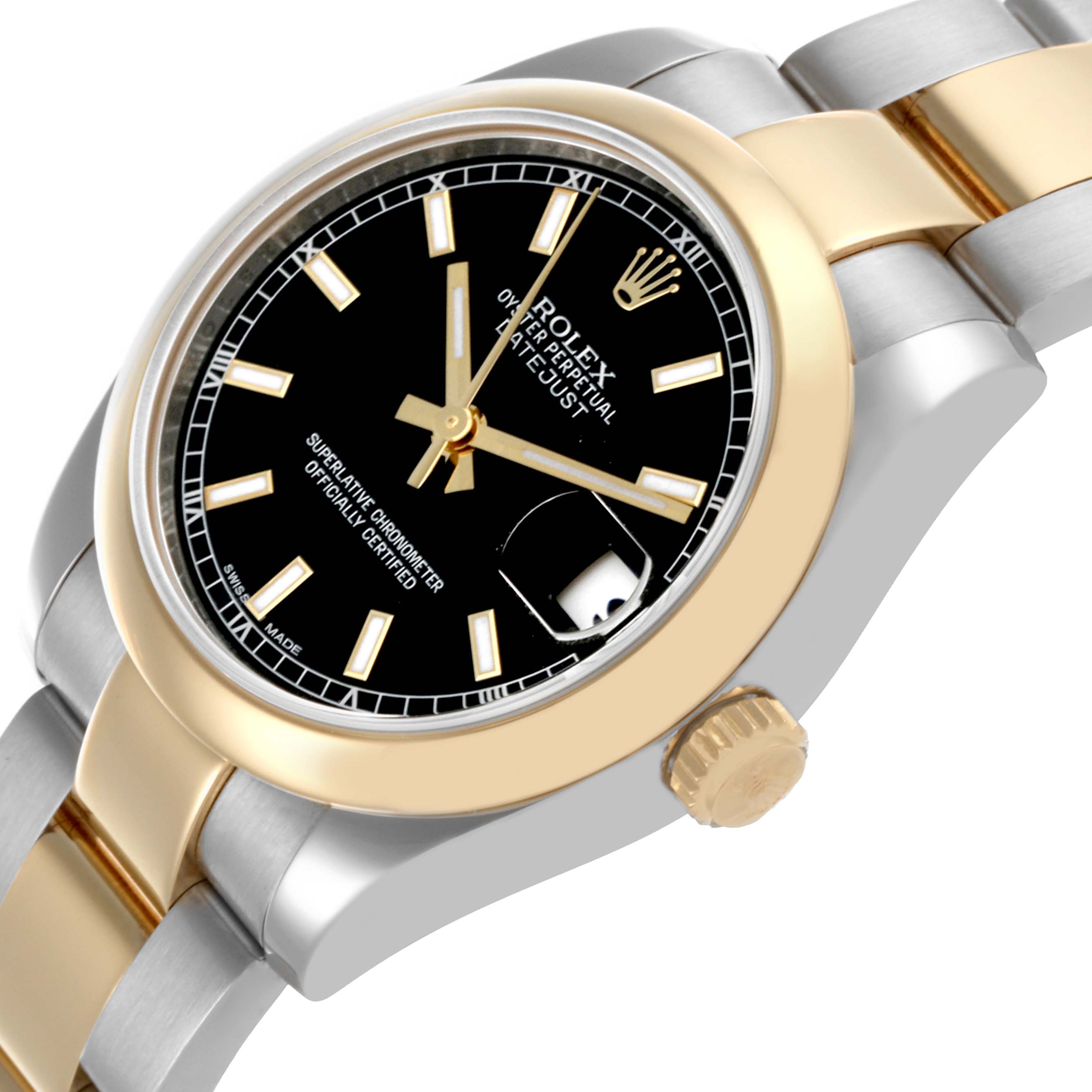 The Rolex Mid-Size 178243 Women's Steel and Gold (two tone) Black Dial 178243 Women's Steel and Gold (two tone) Black Dial watch is angled to show the dial, bezel, case, crown, and bracelet.