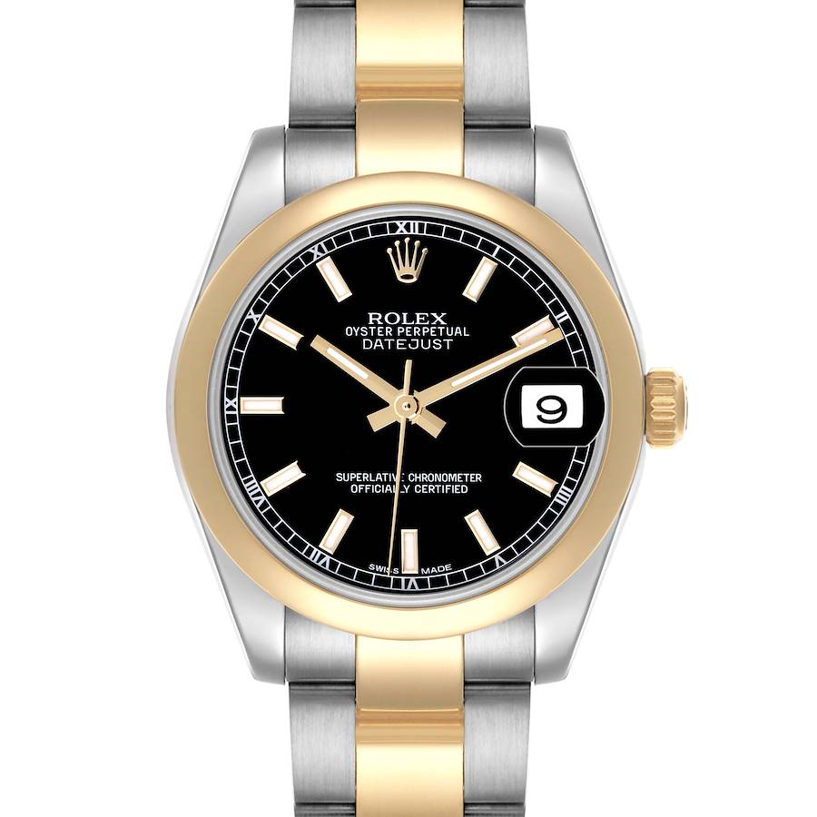 The Rolex Mid-Size Datejust watch is shown from a front angle, highlighting its black dial, two-tone bezel, and bracelet.