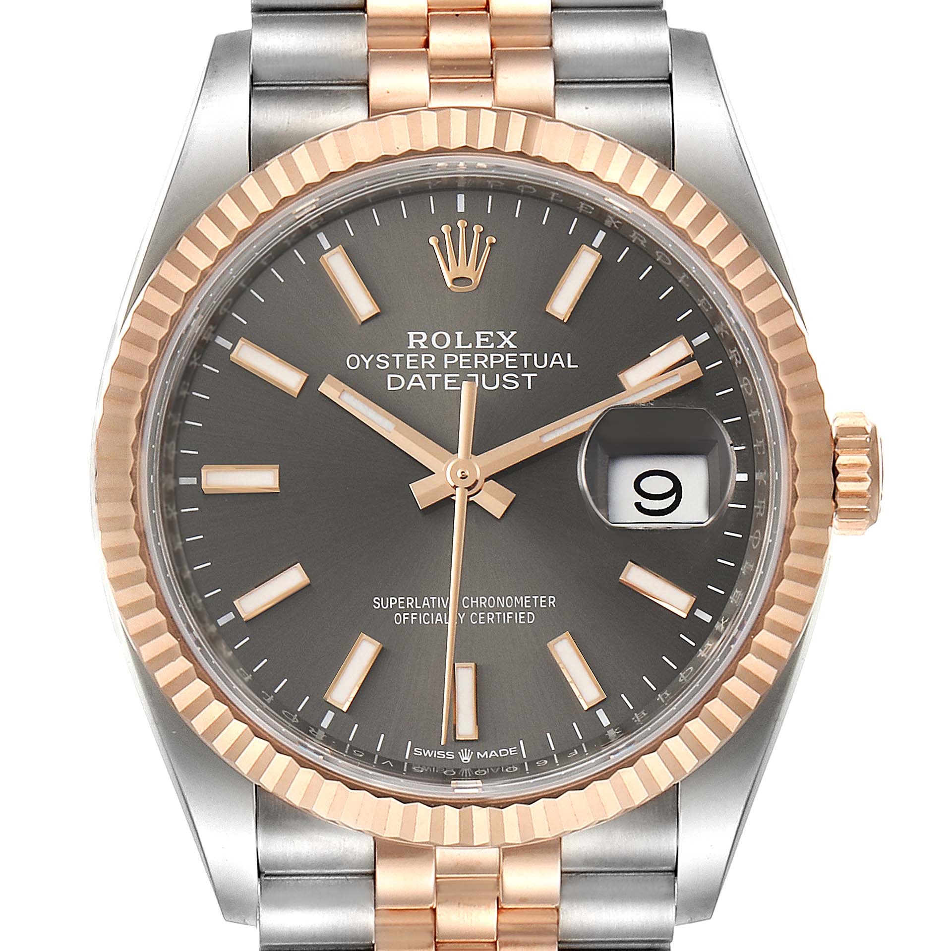 This image shows a front view of a Rolex Datejust 126231 Men
s Steel and Gold (two tone) Grey Dial 126231 Men
s Steel and Gold (two tone) Grey Dial watch, highlighting the dial, bezel, hands, date display, and part of the bracelet.