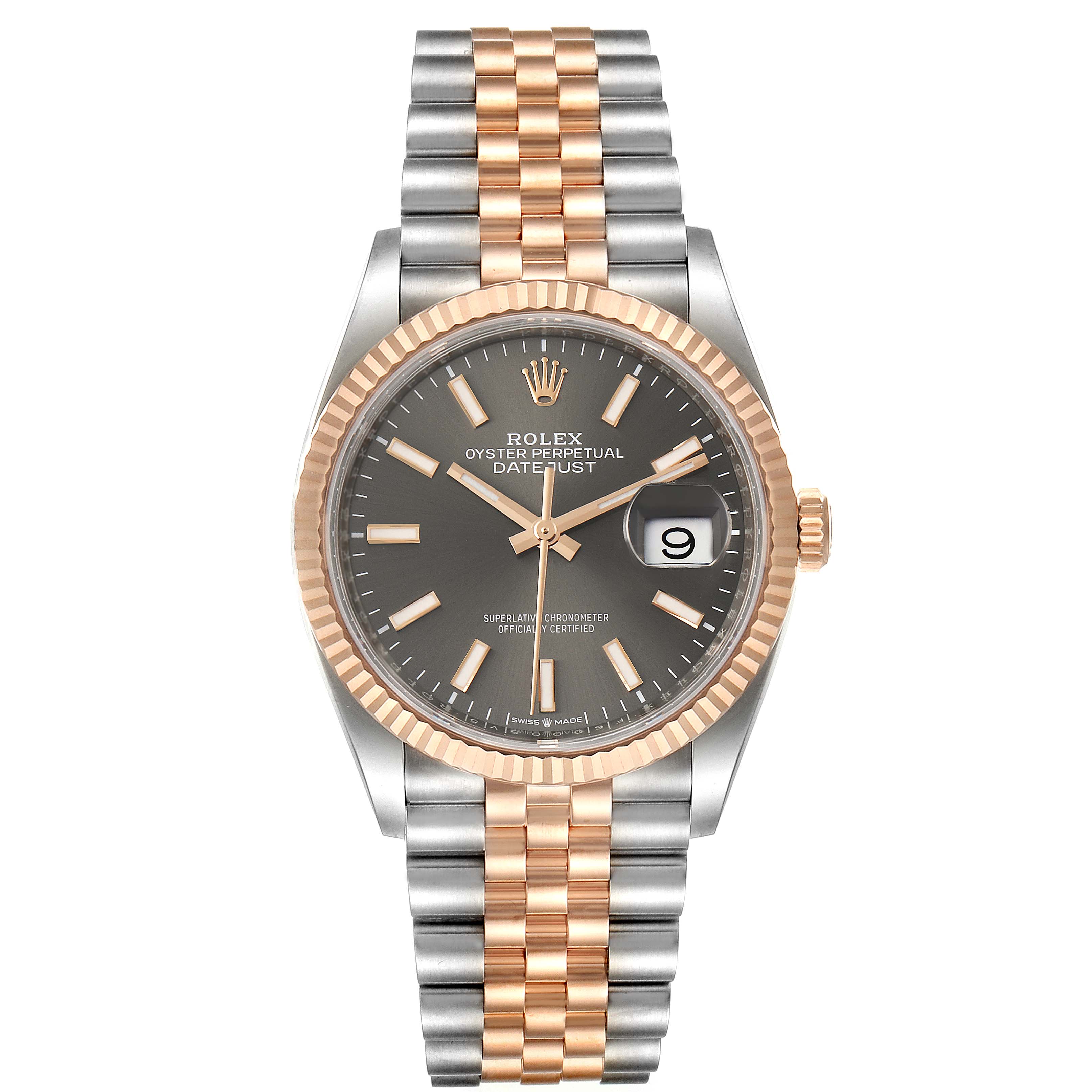 The image shows a front view of a Rolex Datejust 126231 Men
s Steel and Gold (two tone) Grey Dial 126231 Men
s Steel and Gold (two tone) Grey Dial watch, highlighting its dial, hands, bezel, and two-tone bracelet.