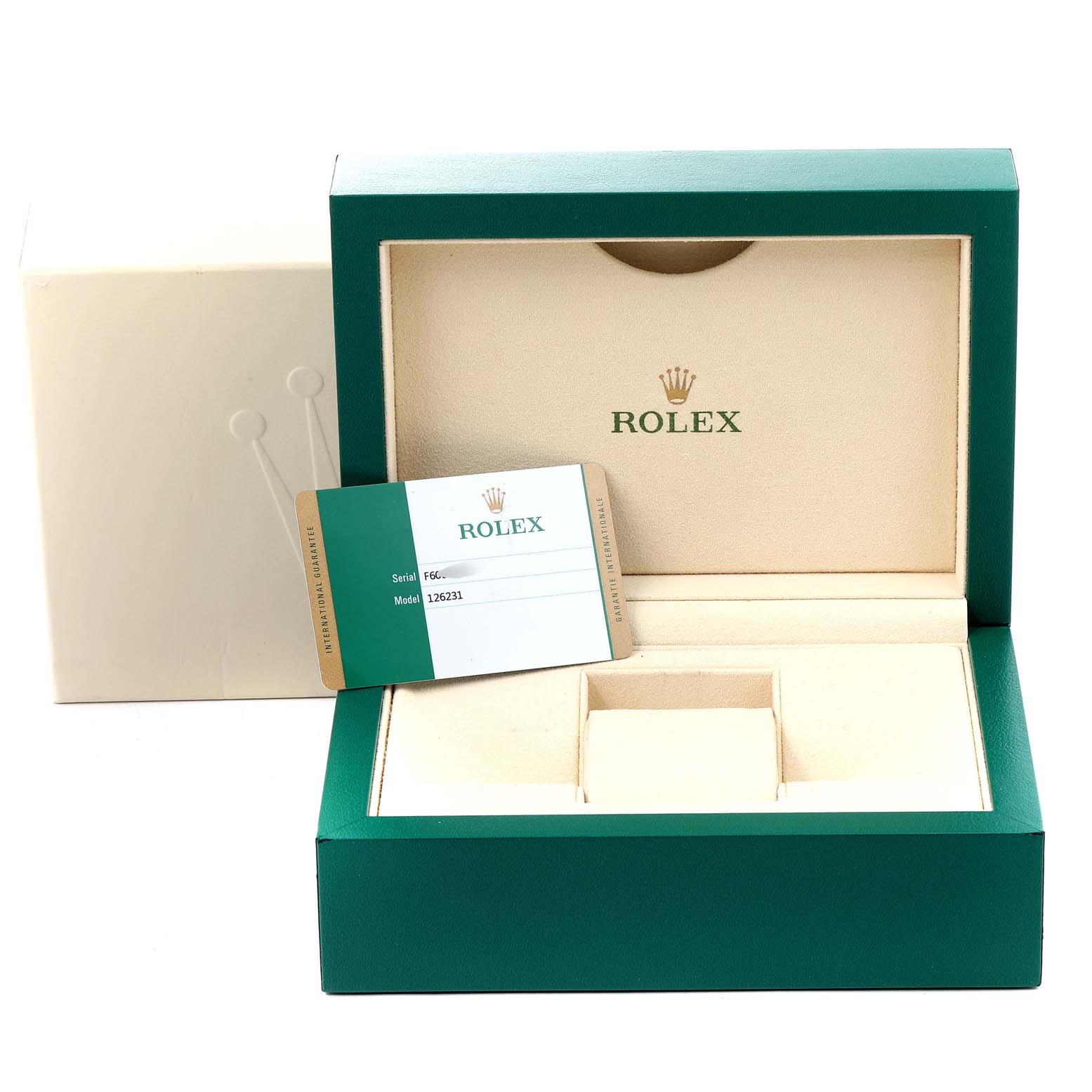 The image shows a Rolex Datejust 126231 Men
s Steel and Gold (two tone) Grey Dial 126231 Men
s Steel and Gold (two tone) Grey Dial packaging, including an empty watch box and a warranty card, viewed from the front.