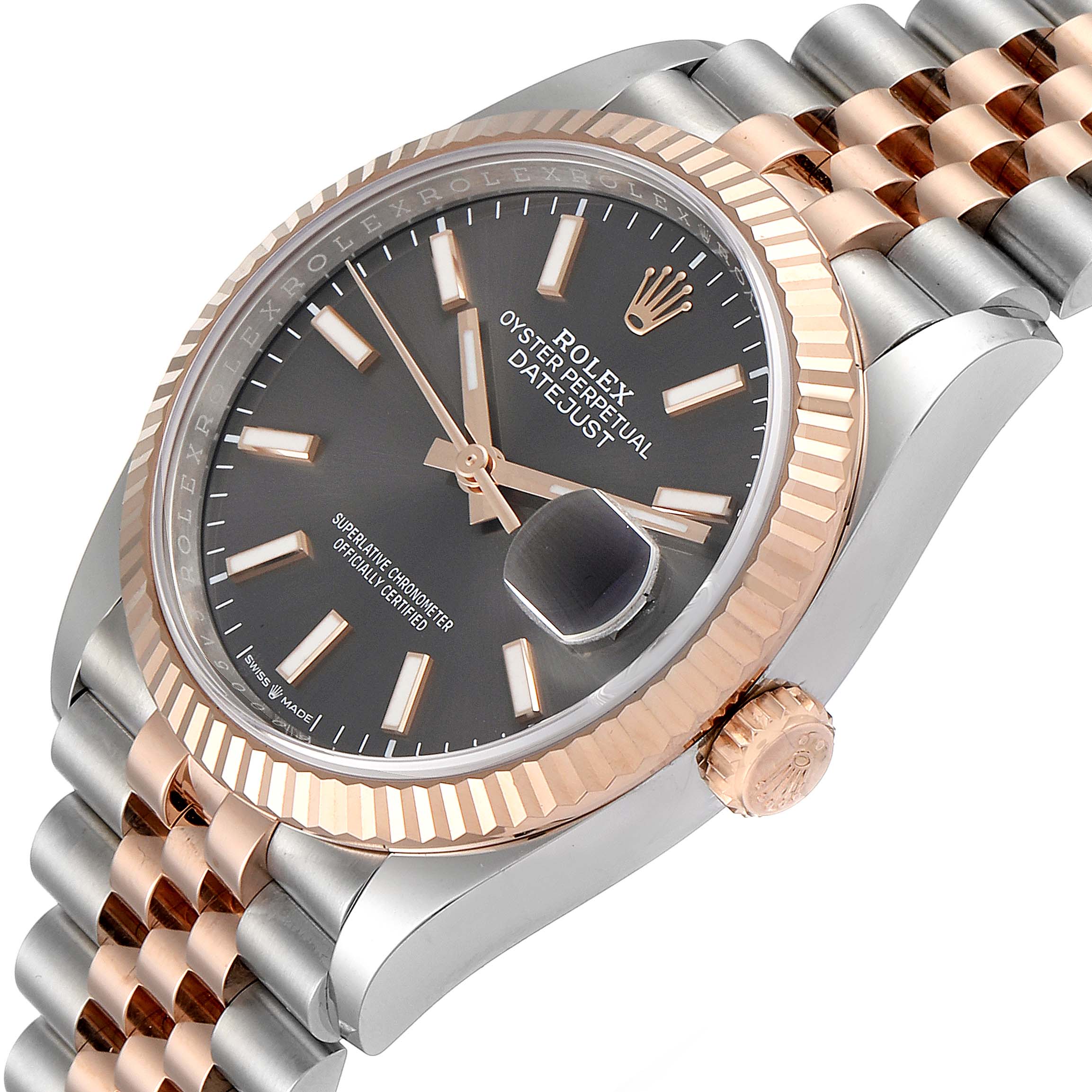 This image shows a close-up angle of a Rolex Datejust 126231 Men
s Steel and Gold (two tone) Grey Dial 126231 Men
s Steel and Gold (two tone) Grey Dial watch, highlighting its dial, bezel, crown, and bracelet.
