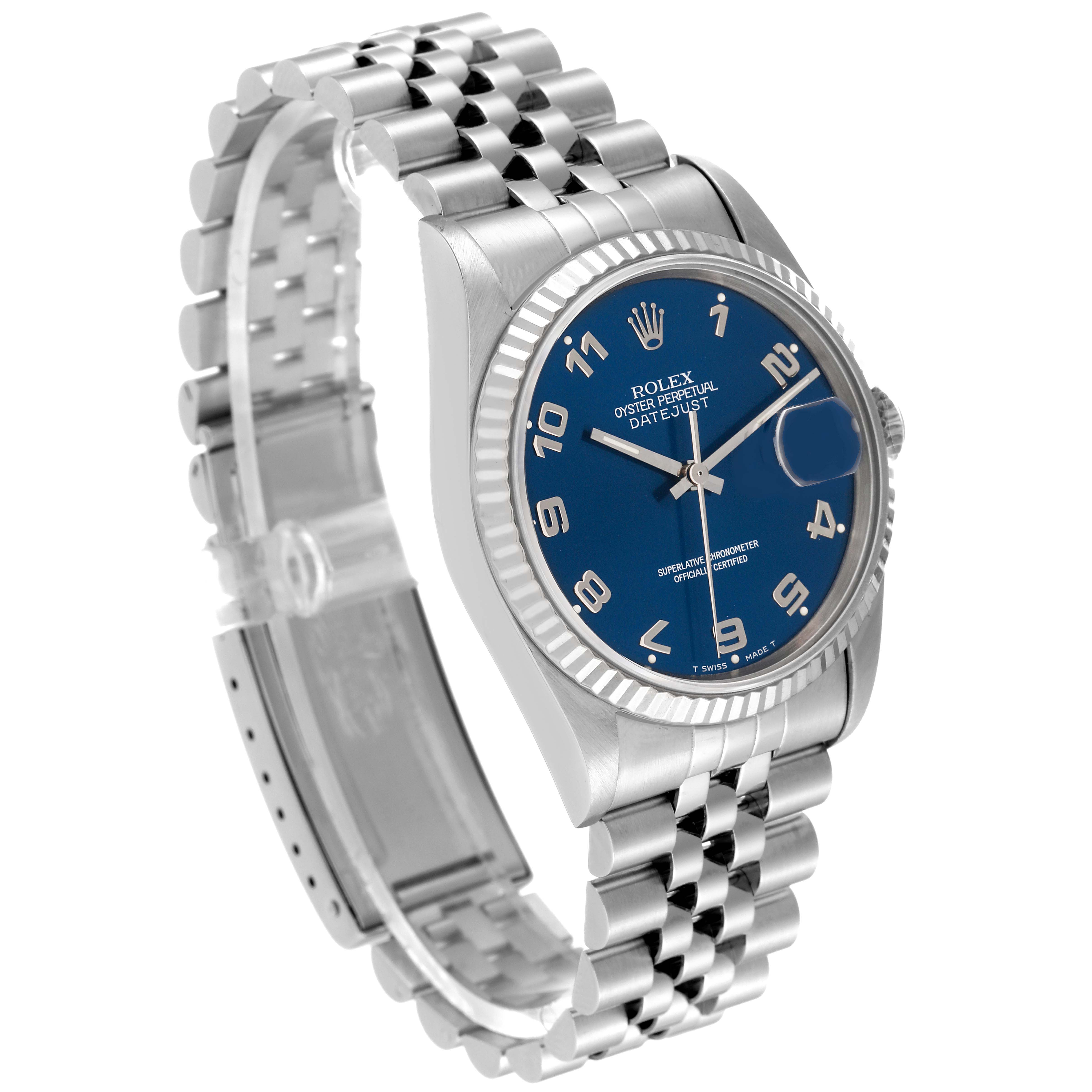 The image shows a Rolex Datejust 16234 Men's Stainless Steel Blue Dial 16234 Men's Stainless Steel Blue Dial watch at a slight angle, highlighting its blue dial, fluted bezel, and Jubilee bracelet.