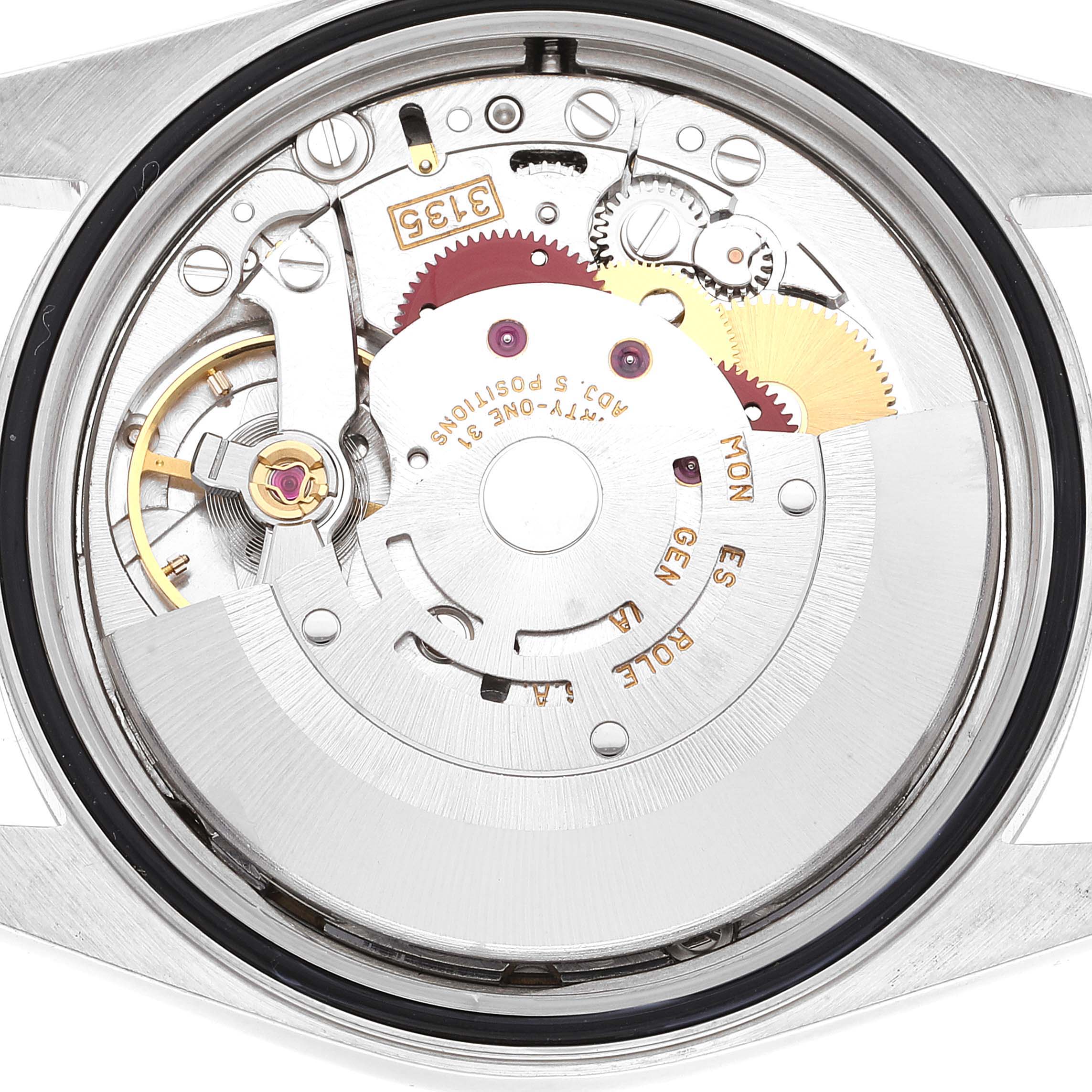 This image shows the internal movement components of a Rolex Datejust 16234 Men's Stainless Steel Blue Dial 16234 Men's Stainless Steel Blue Dial watch from a top-down angle.