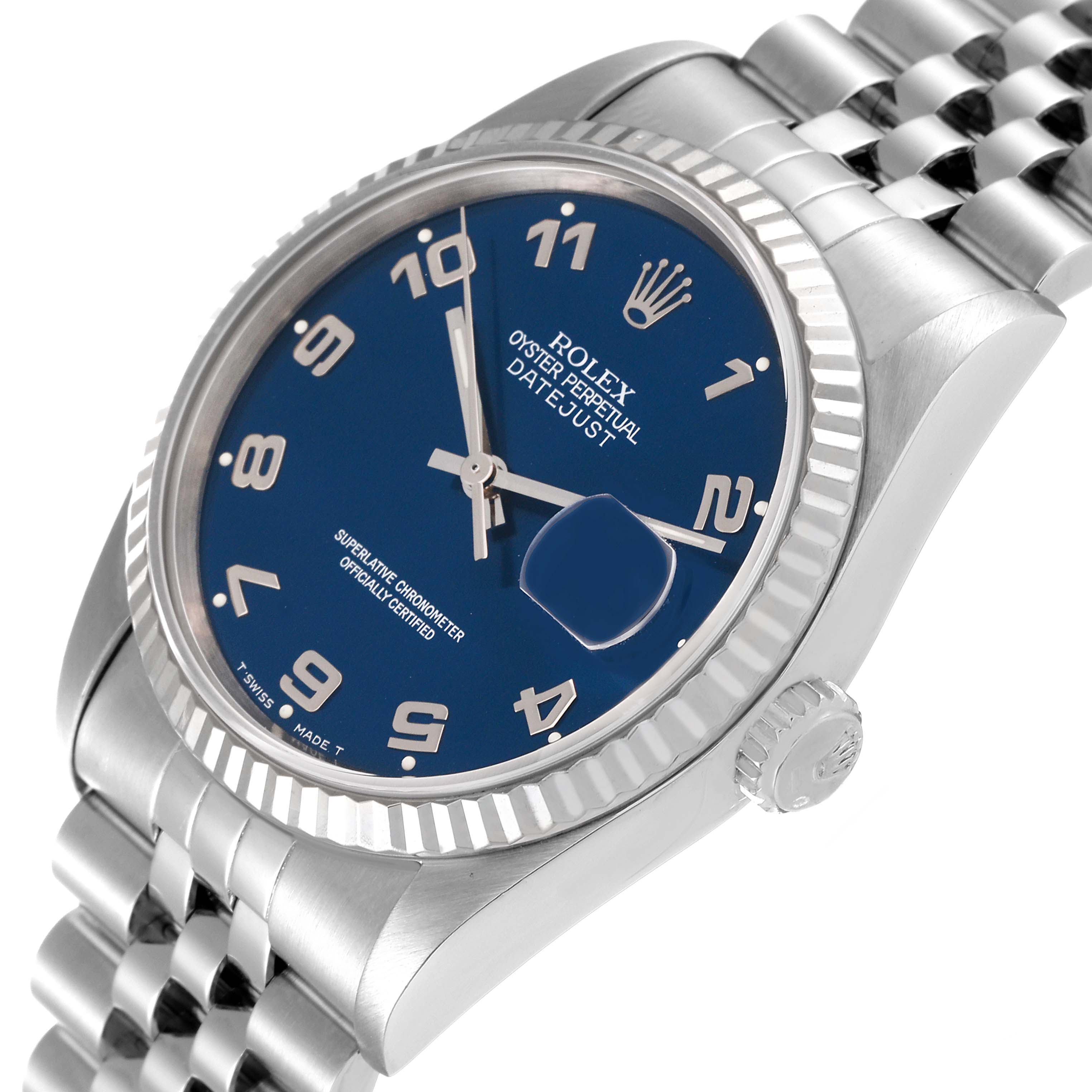 This is a close-up angled view of a Rolex Datejust 16234 Men's Stainless Steel Blue Dial 16234 Men's Stainless Steel Blue Dial watch, showing the blue dial, fluted bezel, crown, and part of the bracelet.
