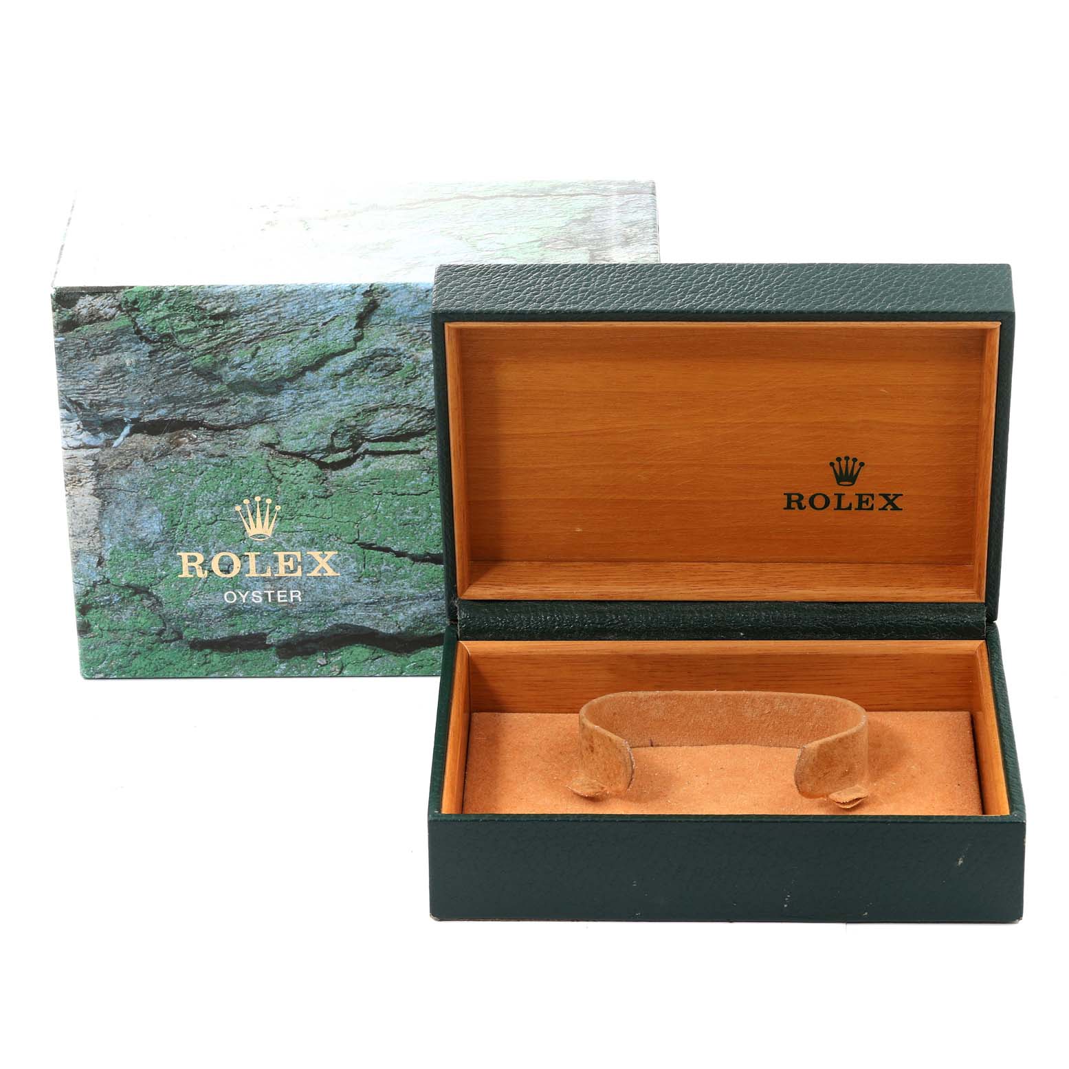 The image shows an open Rolex Datejust 16234 Men's Stainless Steel Blue Dial 16234 Men's Stainless Steel Blue Dial watch box and packaging from a front angle.