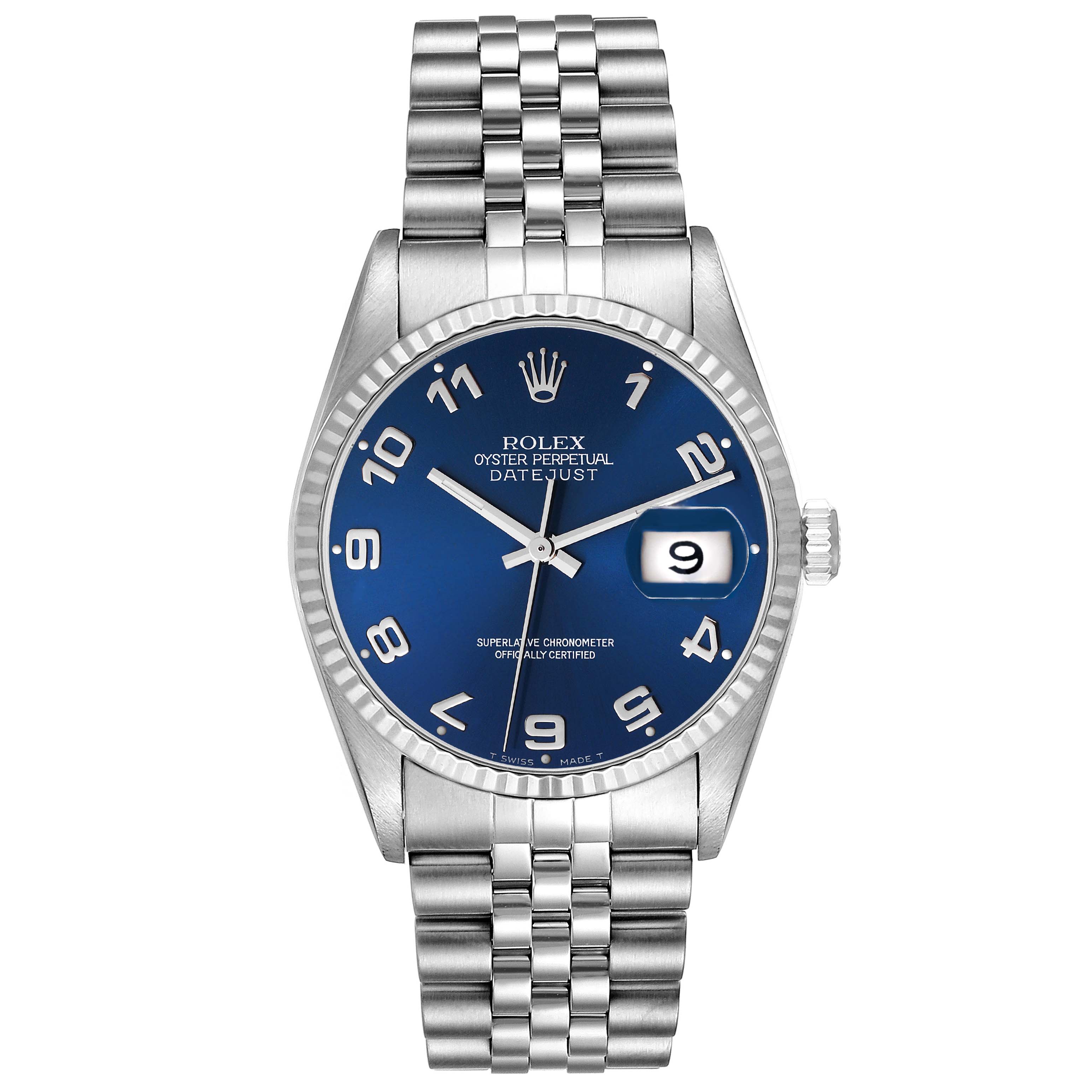 This image shows a front view of a Rolex Datejust 16234 Men's Stainless Steel Blue Dial 16234 Men's Stainless Steel Blue Dial watch, displaying the face, bezel, crown, and bracelet.
