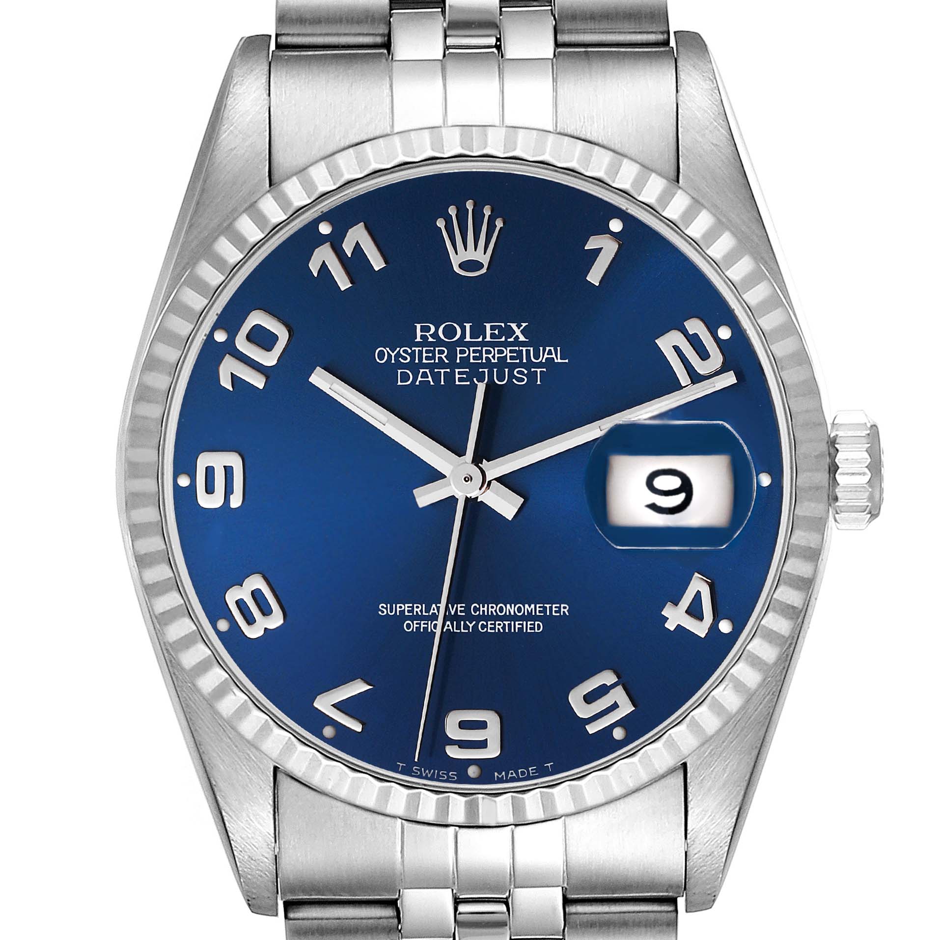 The image shows a frontal view of the Rolex Datejust 16234 Men's Stainless Steel Blue Dial 16234 Men's Stainless Steel Blue Dial watch, including the dial, bezel, crown, and part of the bracelet.