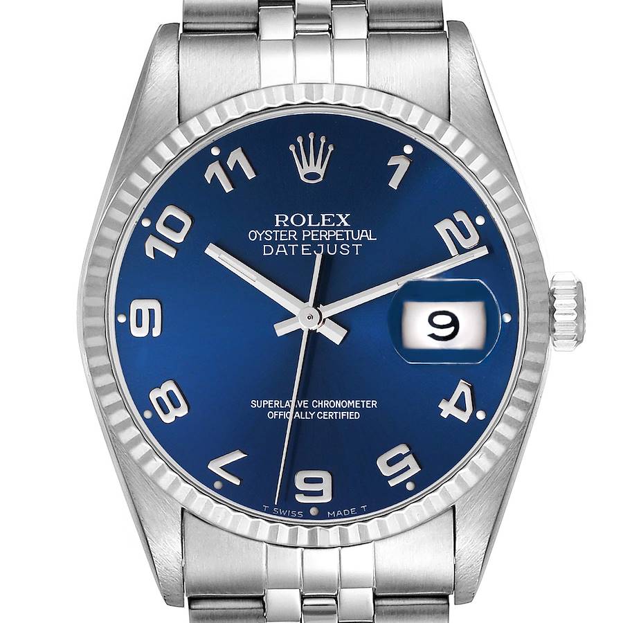 Rolex Datejust 36 Steel White Gold Blue Arabic Dial Mens Watch 16234 SwissWatchExpo
