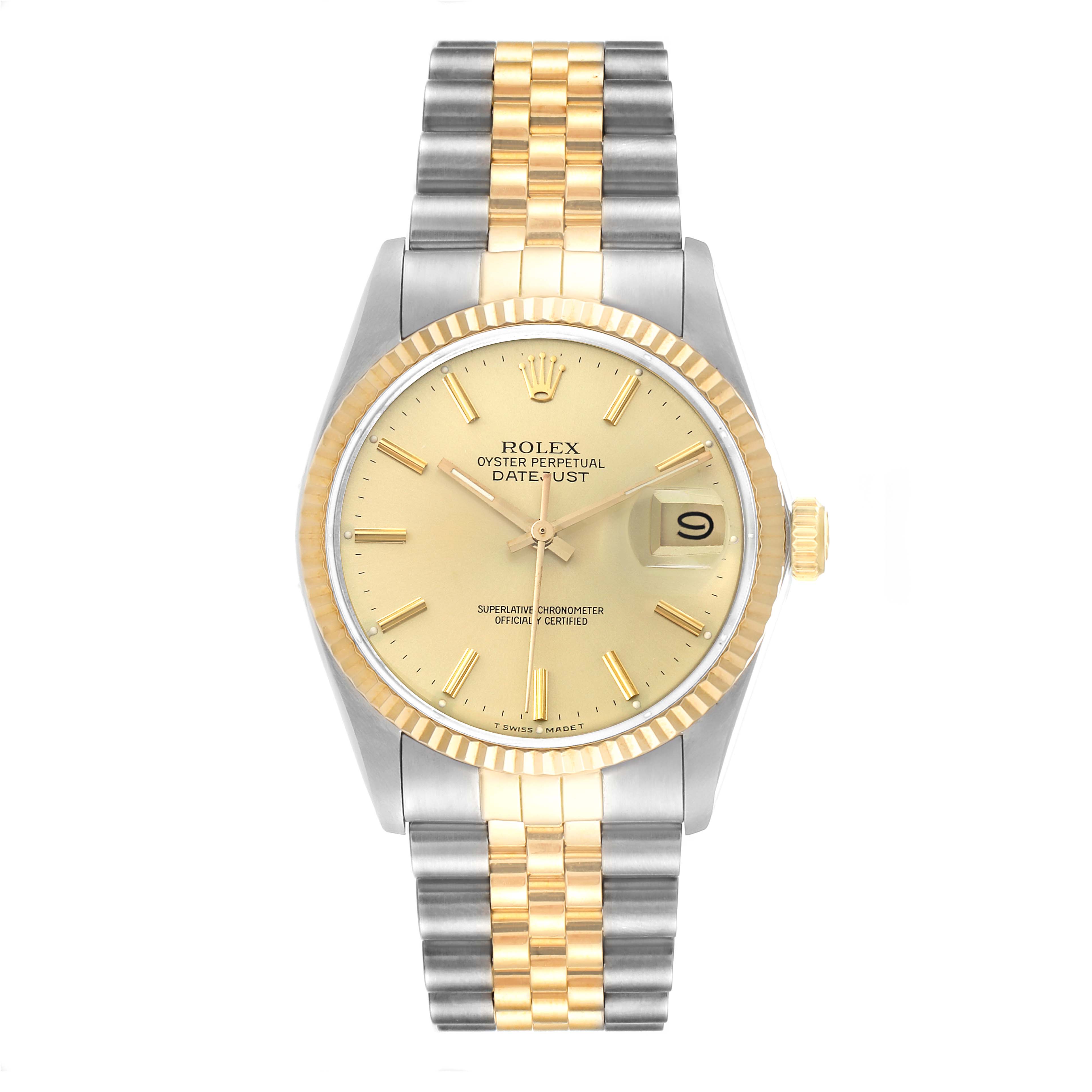 This image shows a front view of a Rolex Datejust 16013 Men's Steel and Gold (two tone) Champagne Dial 16013 Men's Steel and Gold (two tone) Champagne Dial model, displaying the dial, bezel, and bracelet.