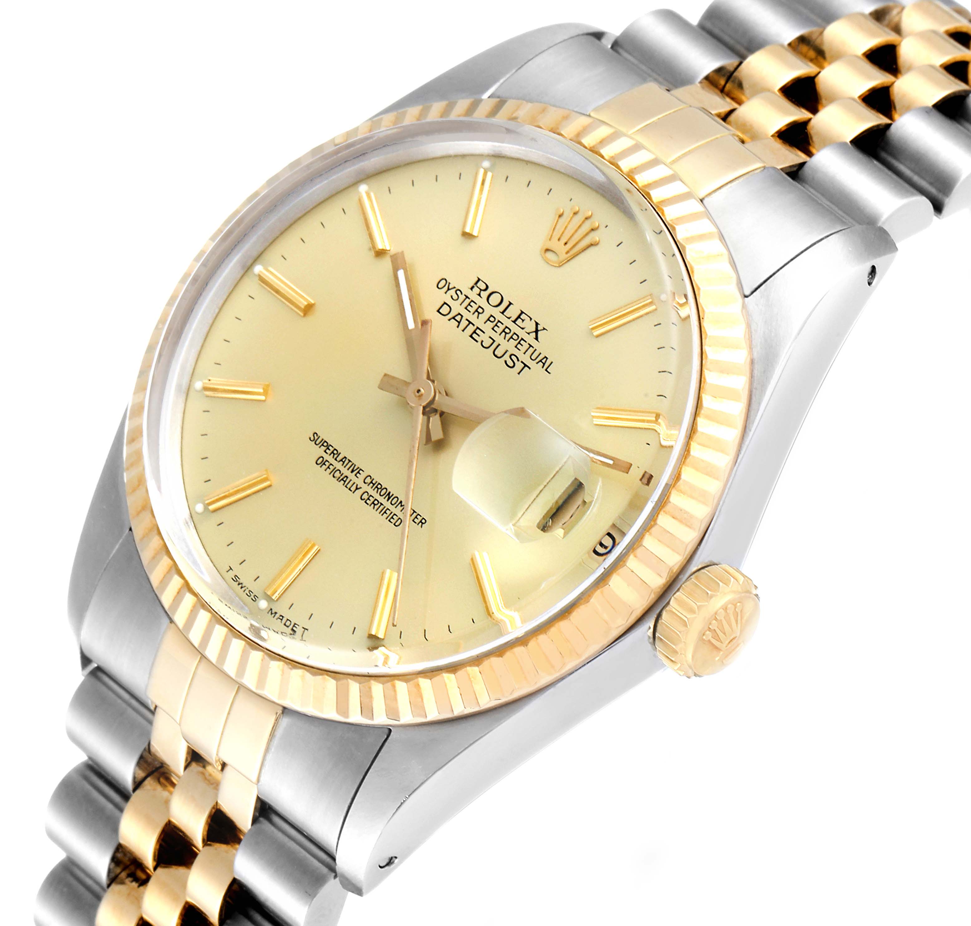 This Rolex Datejust 16013 Men's Steel and Gold (two tone) Champagne Dial 16013 Men's Steel and Gold (two tone) Champagne Dial watch is shown at an angle highlighting the dial, bezel, crown, and the two-tone bracelet.