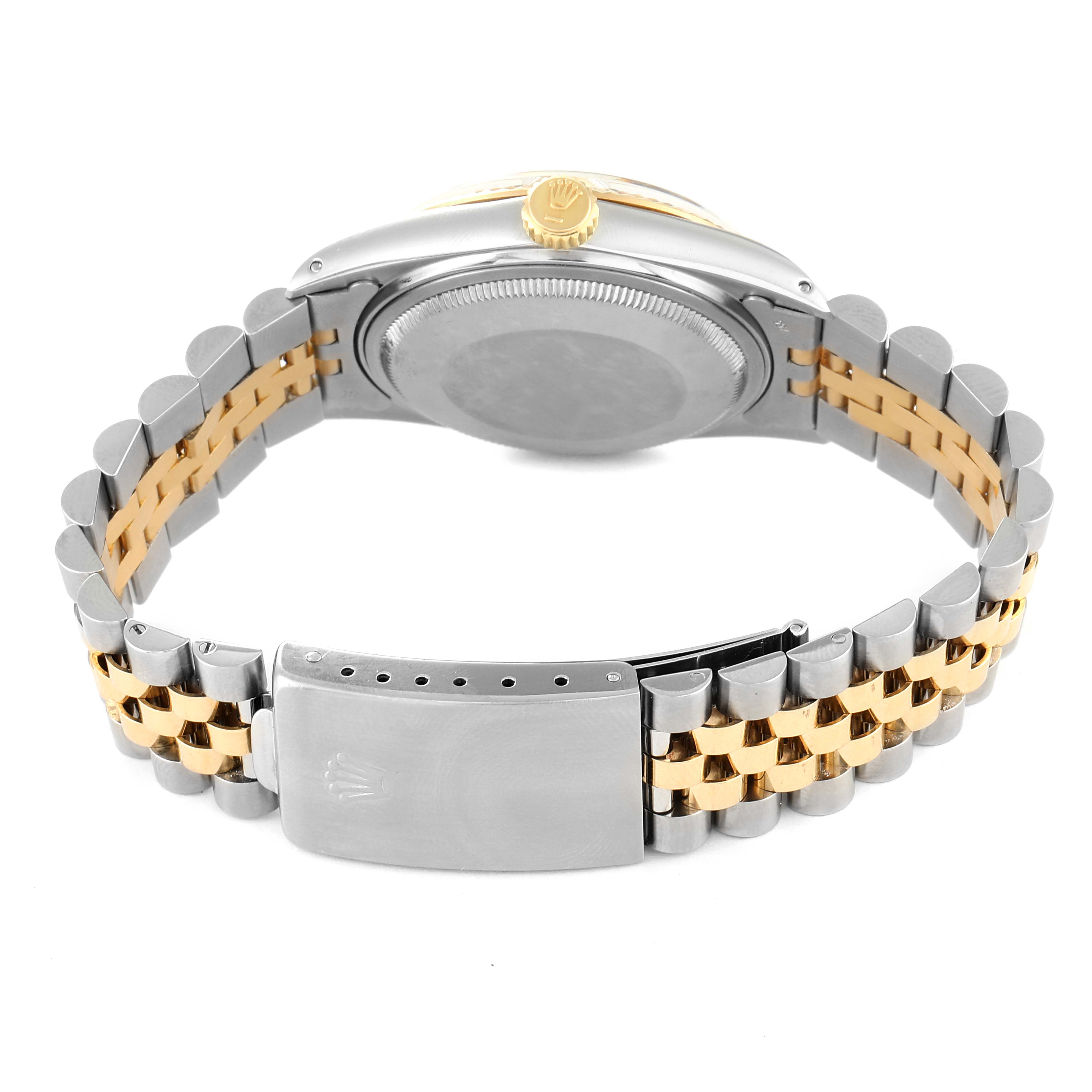 The image shows the back, clasp, and bracelet of a Rolex Datejust 16013 Men's Steel and Gold (two tone) Champagne Dial 16013 Men's Steel and Gold (two tone) Champagne Dial watch in a two-tone design.