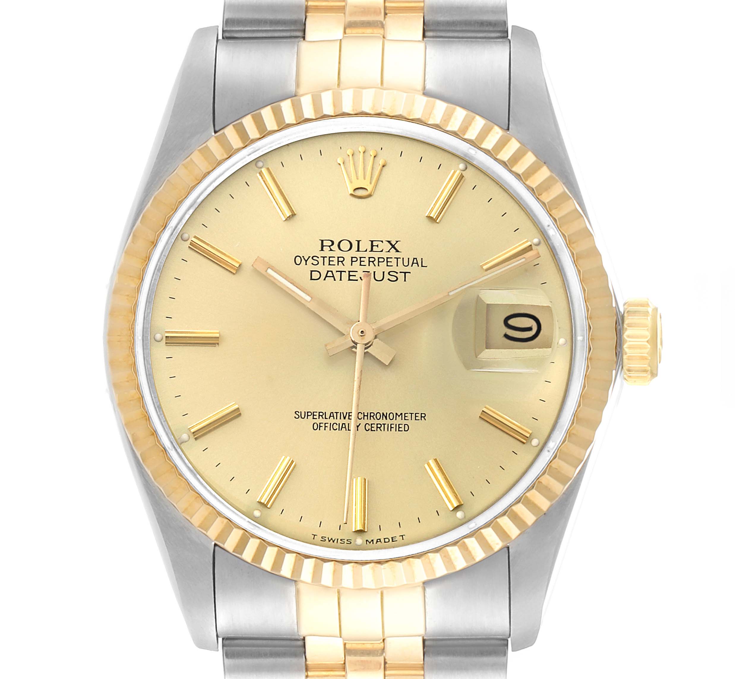 The image shows a full-frontal view of a Rolex Datejust 16013 Men's Steel and Gold (two tone) Champagne Dial 16013 Men's Steel and Gold (two tone) Champagne Dial watch, highlighting its dial, fluted bezel, and two-tone bracelet.