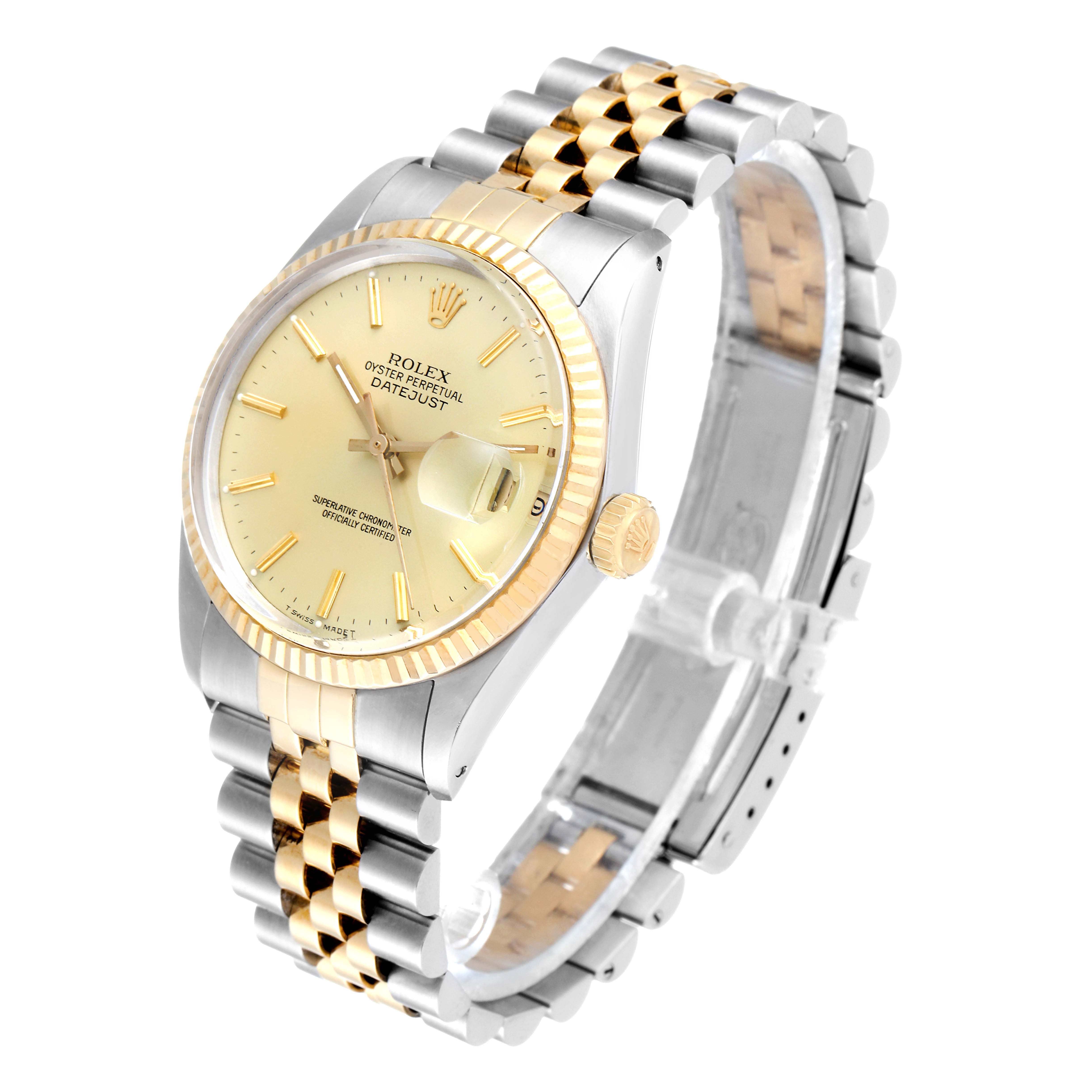 The image shows a Rolex Datejust 16013 Men's Steel and Gold (two tone) Champagne Dial 16013 Men's Steel and Gold (two tone) Champagne Dial watch angled to display its face, crown, and two-tone metal bracelet.