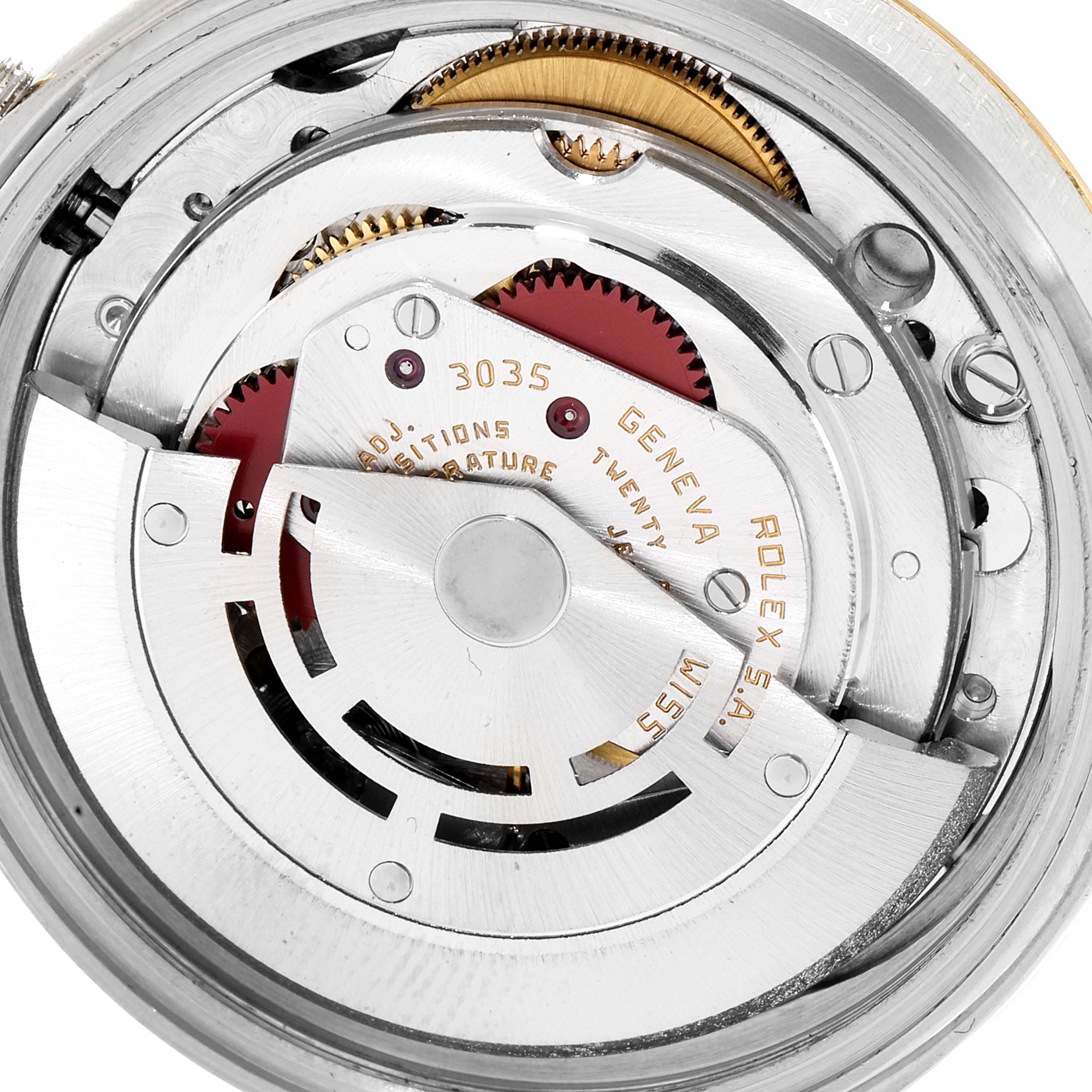 The image shows a detailed view of the movement mechanism of the Rolex Datejust 16013 Men's Steel and Gold (two tone) Champagne Dial 16013 Men's Steel and Gold (two tone) Champagne Dial watch model.