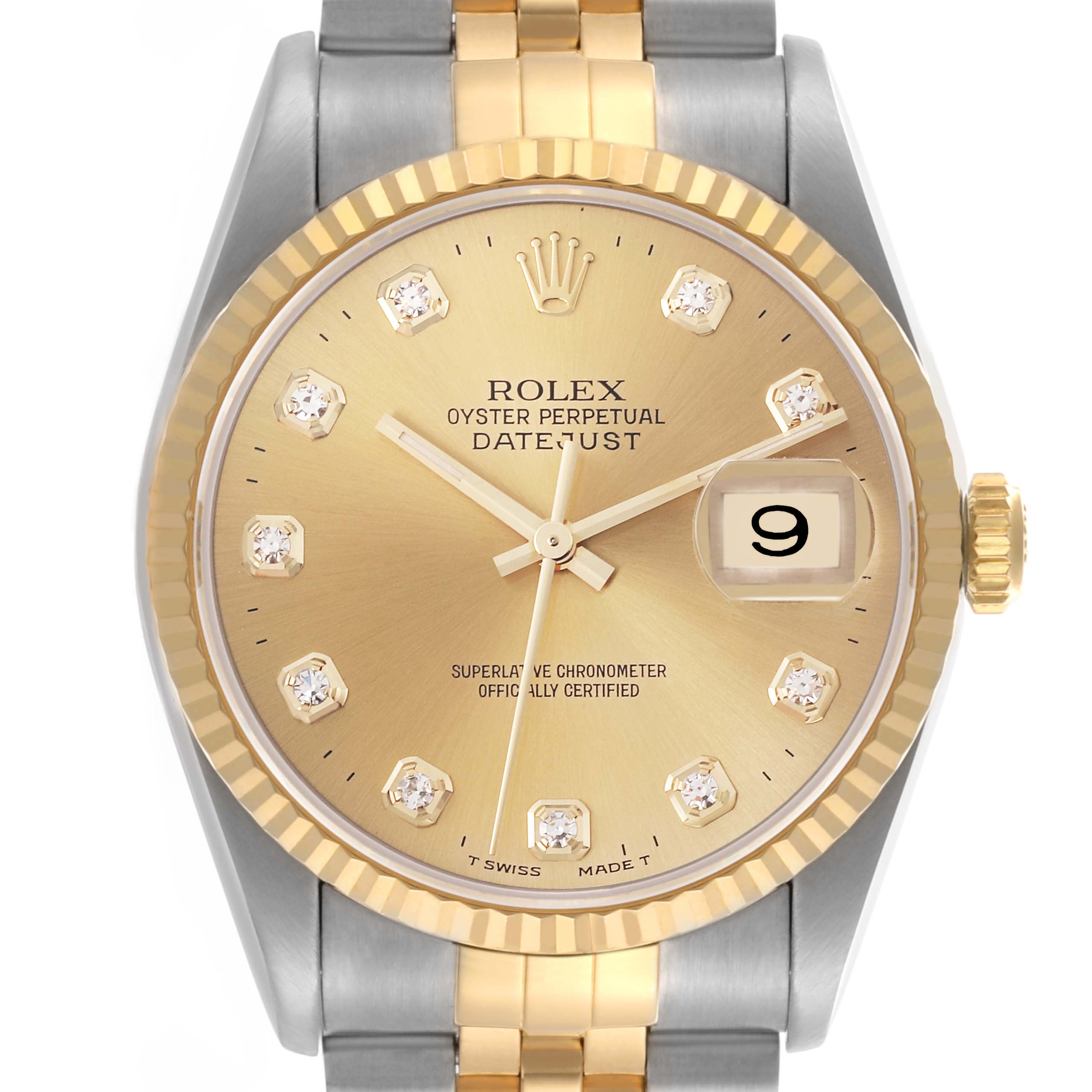 The image shows a Rolex Datejust 16233 Men's Steel and Gold (two tone) Champagne Dial 16233 Men's Steel and Gold (two tone) Champagne Dial watch face from a top-down angle, highlighting the gold dial, fluted bezel, and jubilee bracelet.
