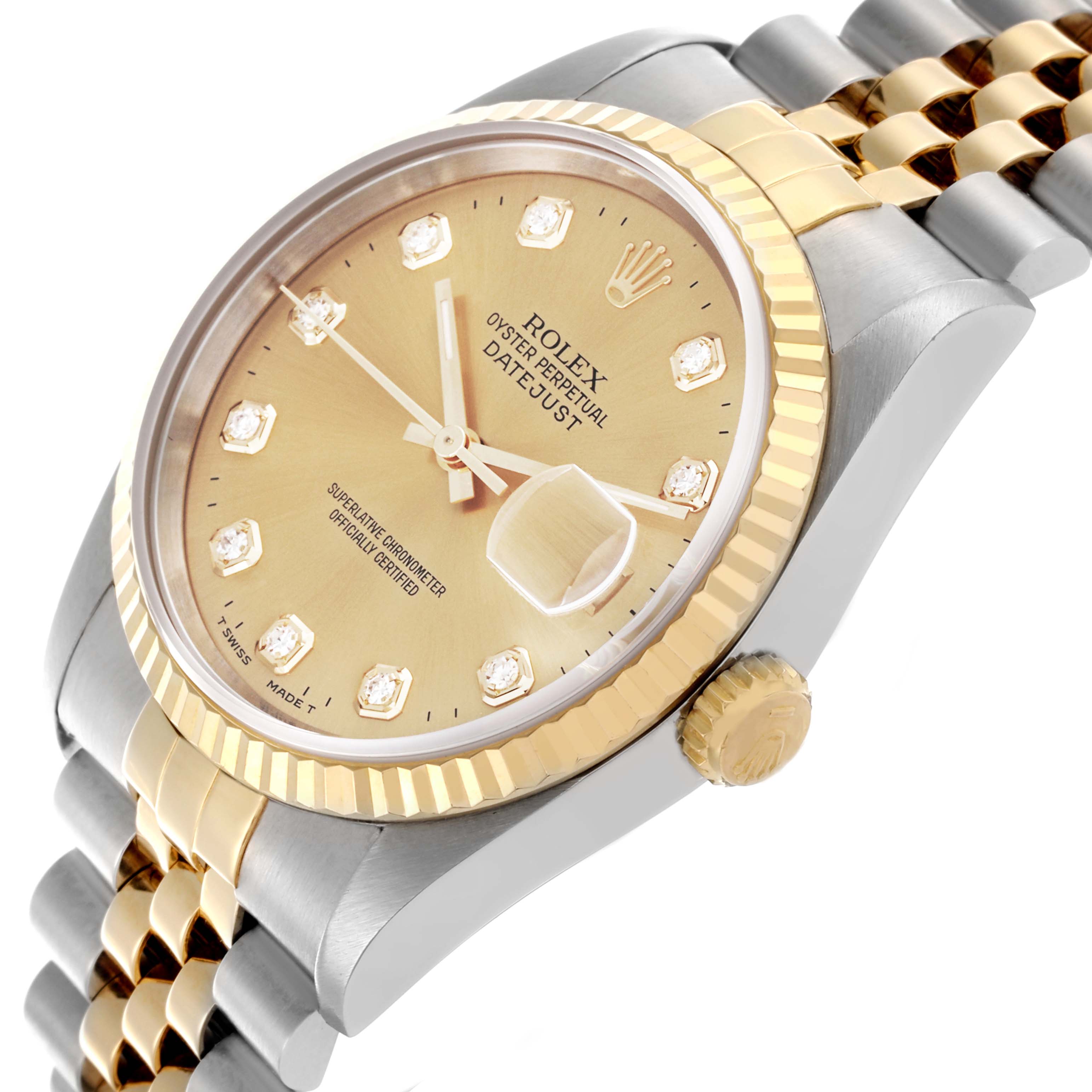 The Rolex Datejust 16233 Men's Steel and Gold (two tone) Champagne Dial 16233 Men's Steel and Gold (two tone) Champagne Dial watch is shown at a tilted side angle, highlighting the dial, bezel, crown, and part of the bracelet.