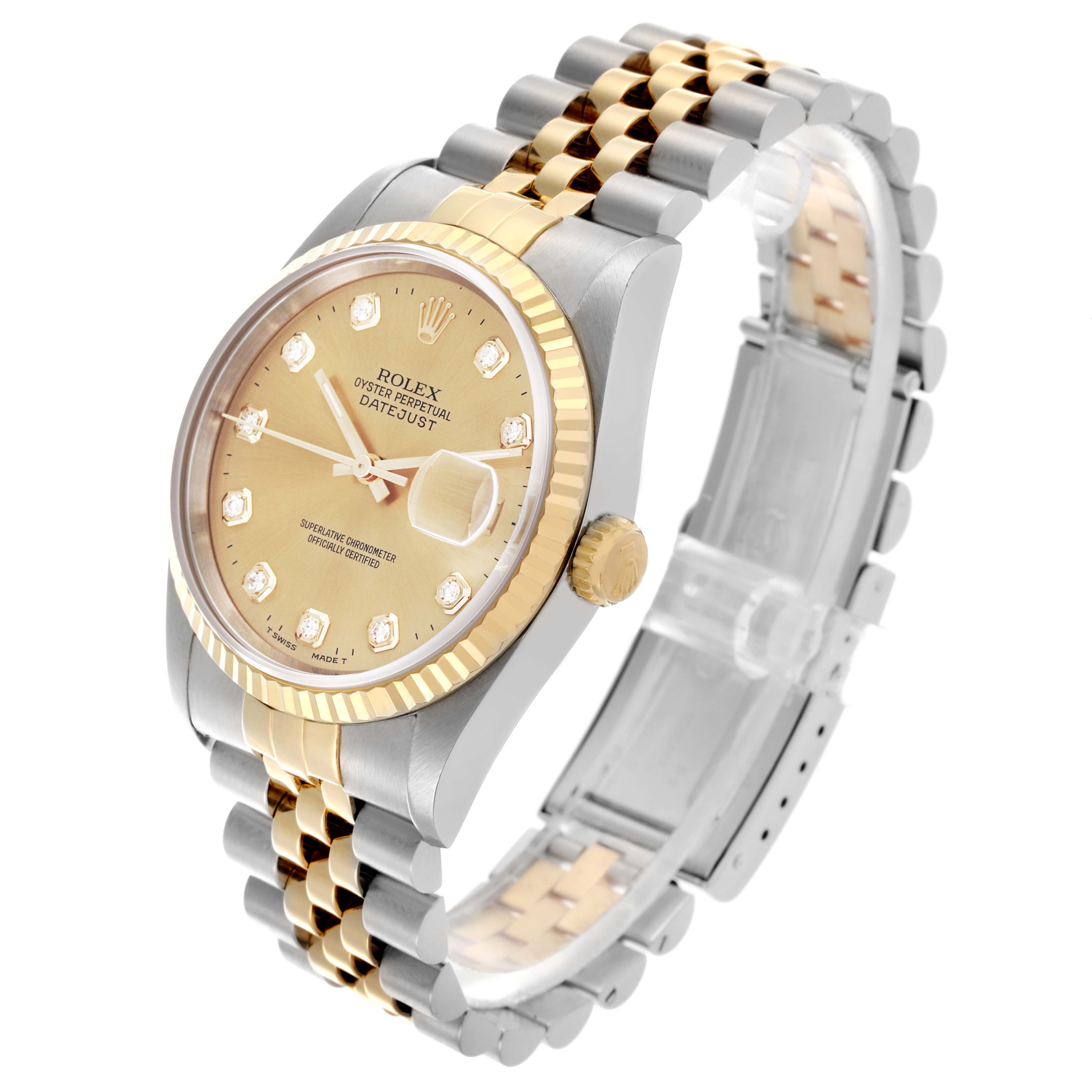 The Rolex Datejust 16233 Men's Steel and Gold (two tone) Champagne Dial 16233 Men's Steel and Gold (two tone) Champagne Dial watch is shown at a three-quarter angle, displaying the dial, bezel, crown, and part of the jubilee bracelet.