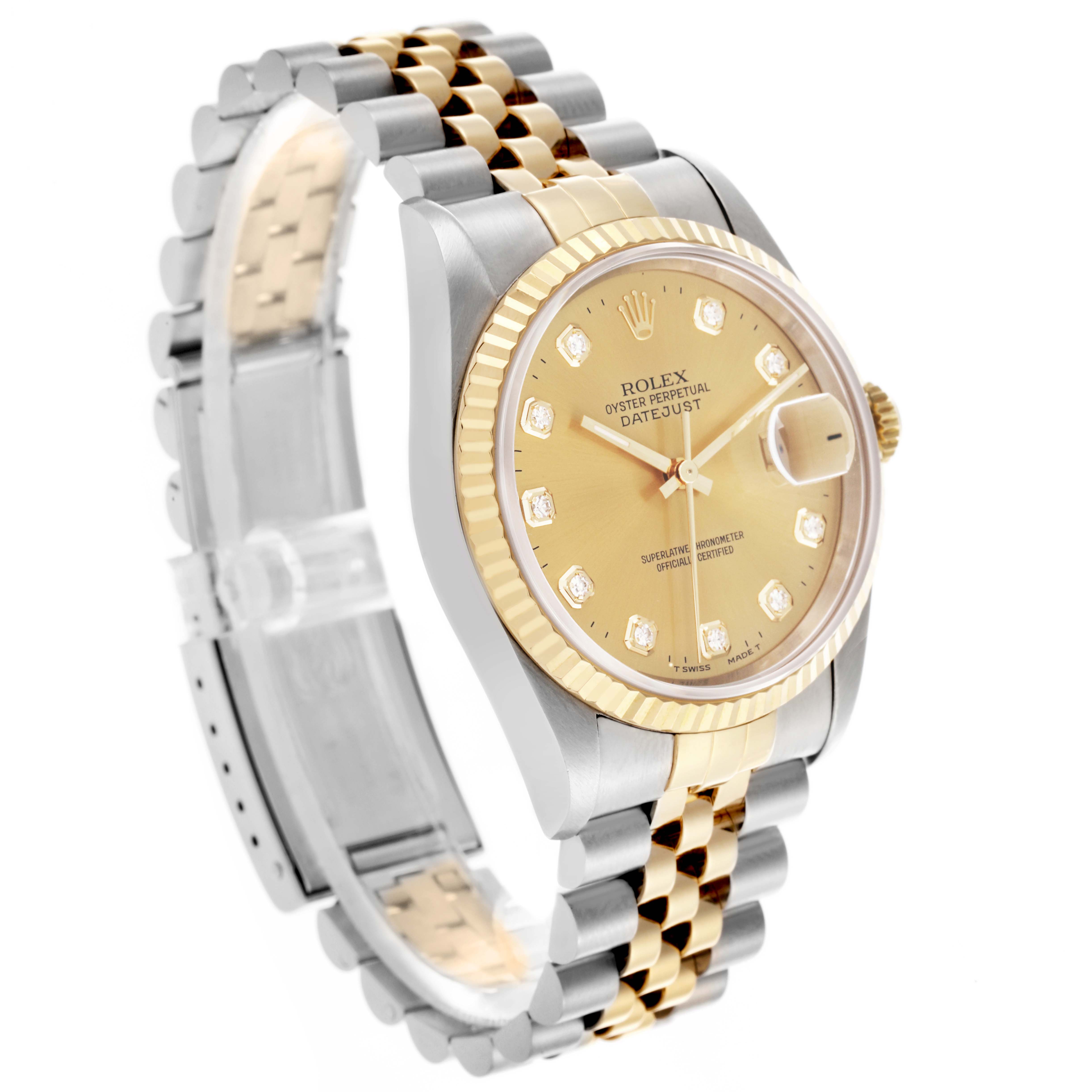 The Rolex Datejust 16233 Men's Steel and Gold (two tone) Champagne Dial 16233 Men's Steel and Gold (two tone) Champagne Dial watch is shown at a three-quarter angle, highlighting the face, case, crown, and Jubilee bracelet.