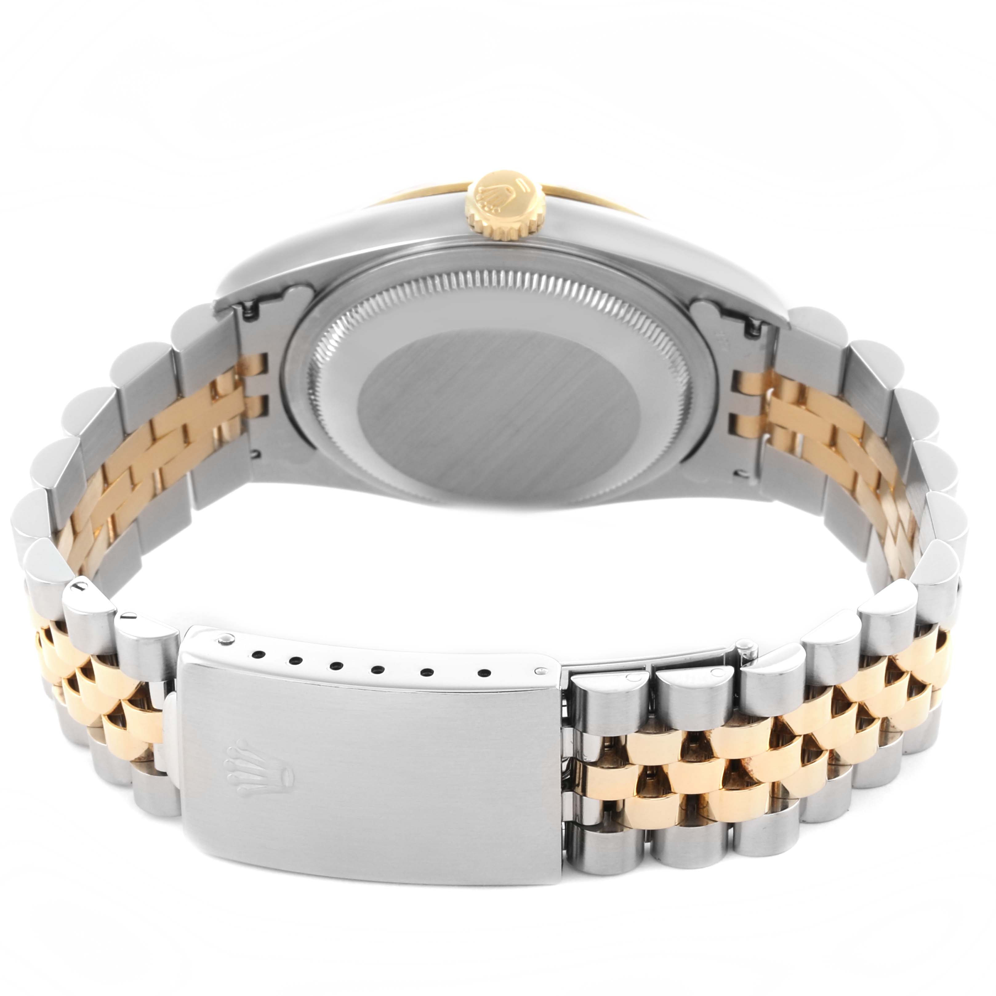 The image shows the back view of a Rolex Datejust 16233 Men's Steel and Gold (two tone) Champagne Dial 16233 Men's Steel and Gold (two tone) Champagne Dial watch, highlighting its case back, crown, and two-tone bracelet with a clasp.