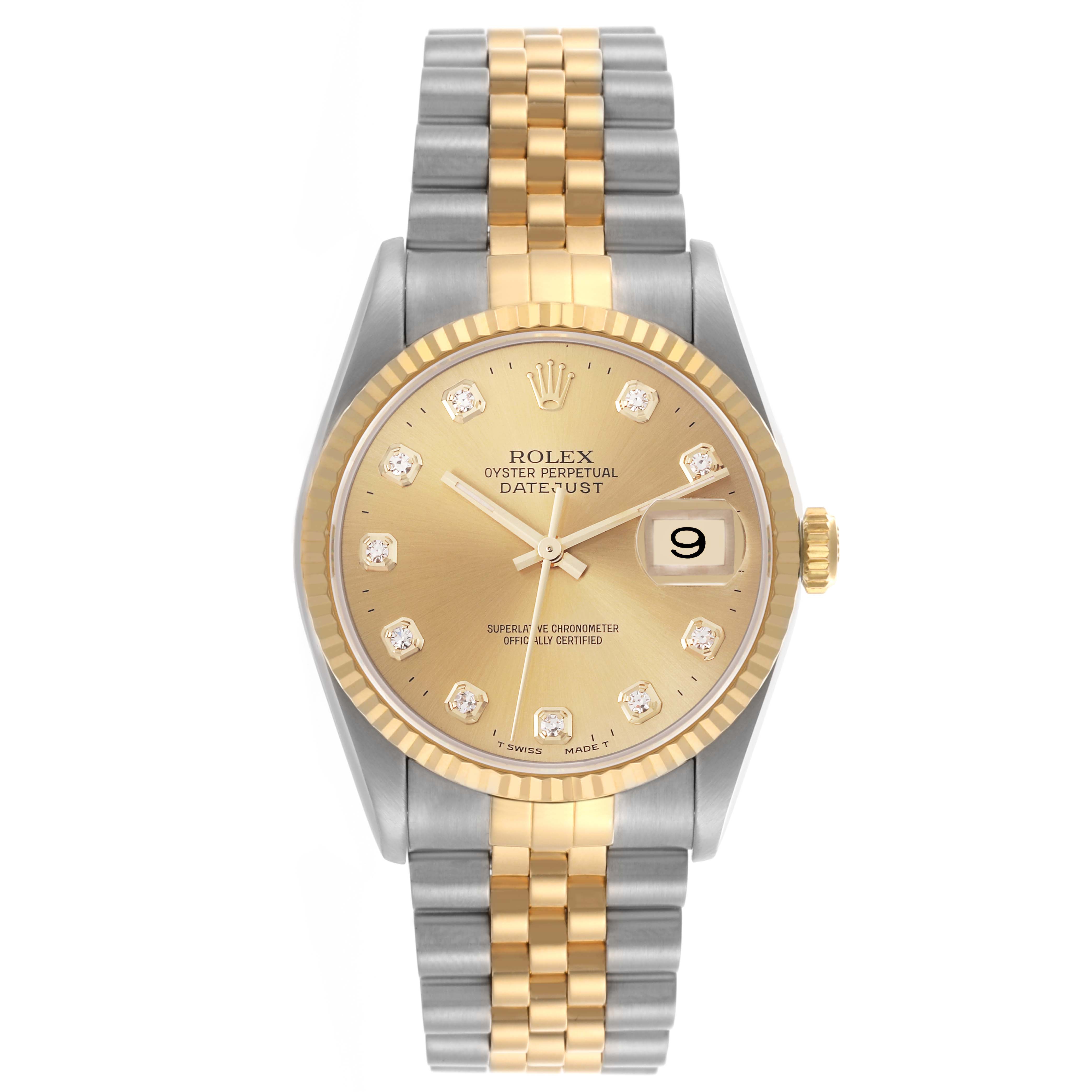 The image shows a front view of a Rolex Datejust 16233 Men's Steel and Gold (two tone) Champagne Dial 16233 Men's Steel and Gold (two tone) Champagne Dial watch, highlighting its face, bezel, and two-tone bracelet.