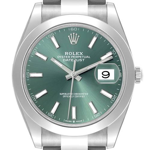 The Rolex Datejust 41 watch is shown from a frontal angle, highlighting the green dial, hour markers, hands, and date window.