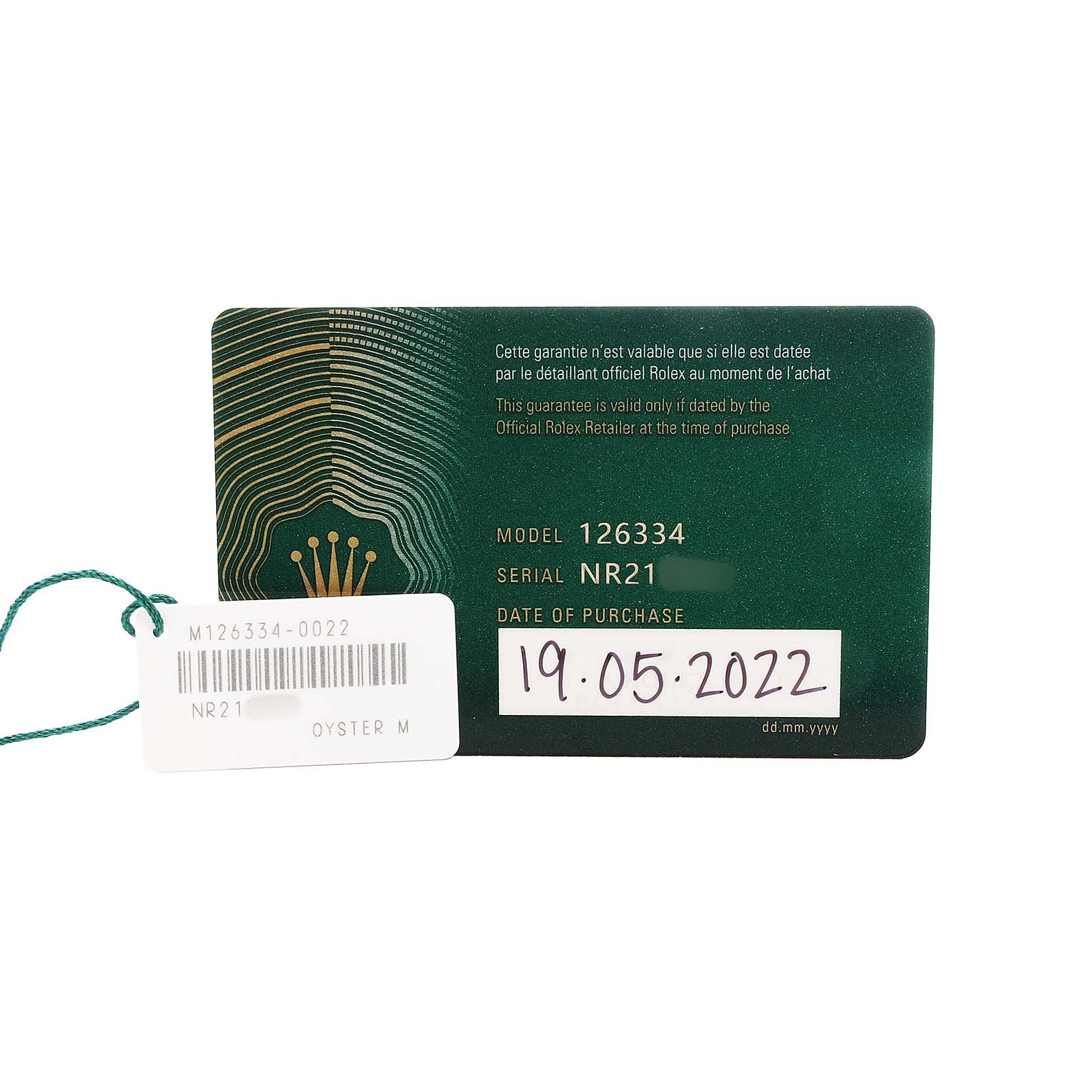 The image shows the warranty card and tag for a Rolex Datejust 41 126334 Men's Stainless Steel Grey Dial, displaying the model, serial number, and purchase date.
